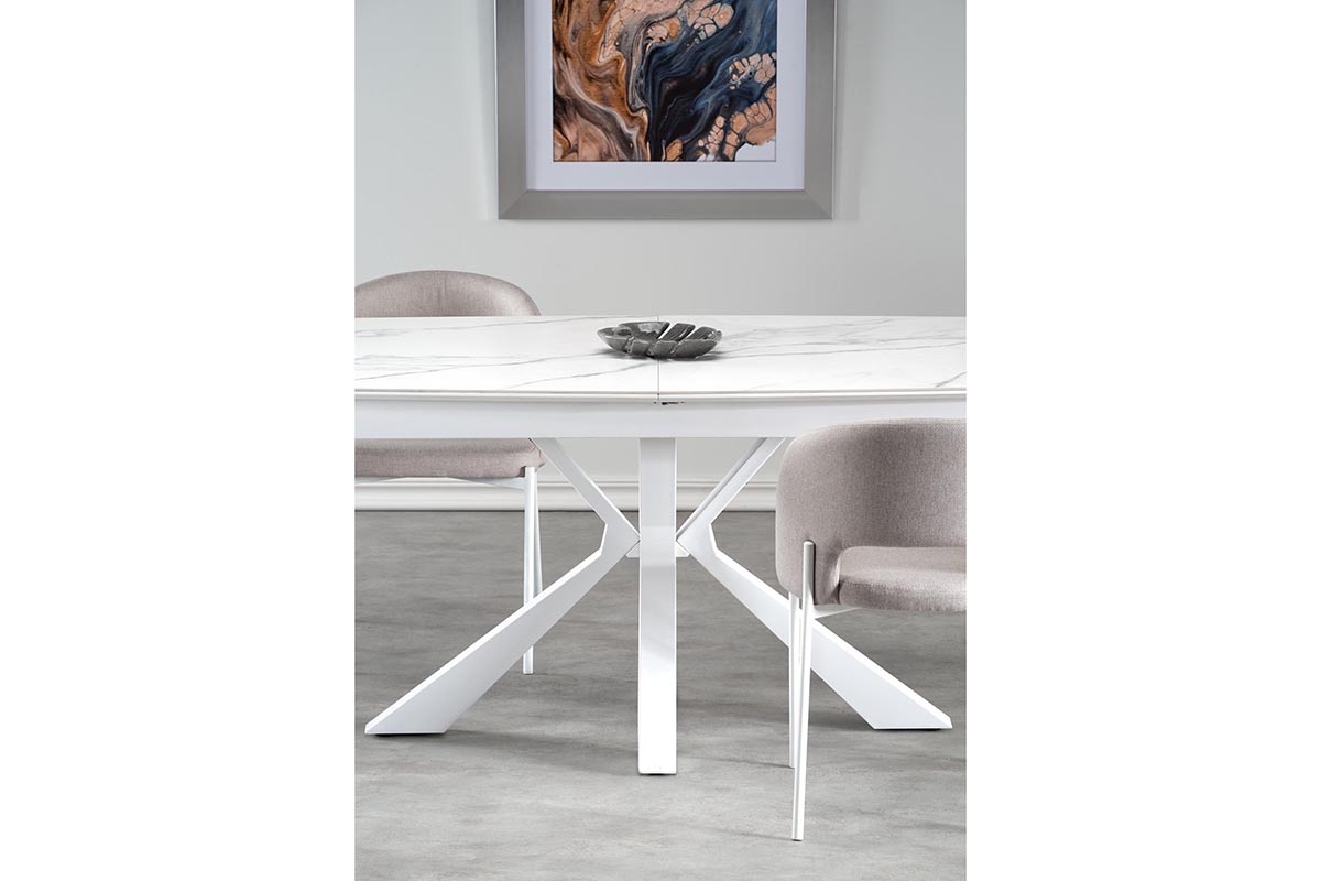 Jedálenská zostava Nerio Nolvari 4+1 – biely mramor / béžová / biela Stôl rozkladany Nolvari z czterema tapicerowanymi krzeslami Nerio - Biely mramor / Béžová / nožičky biale