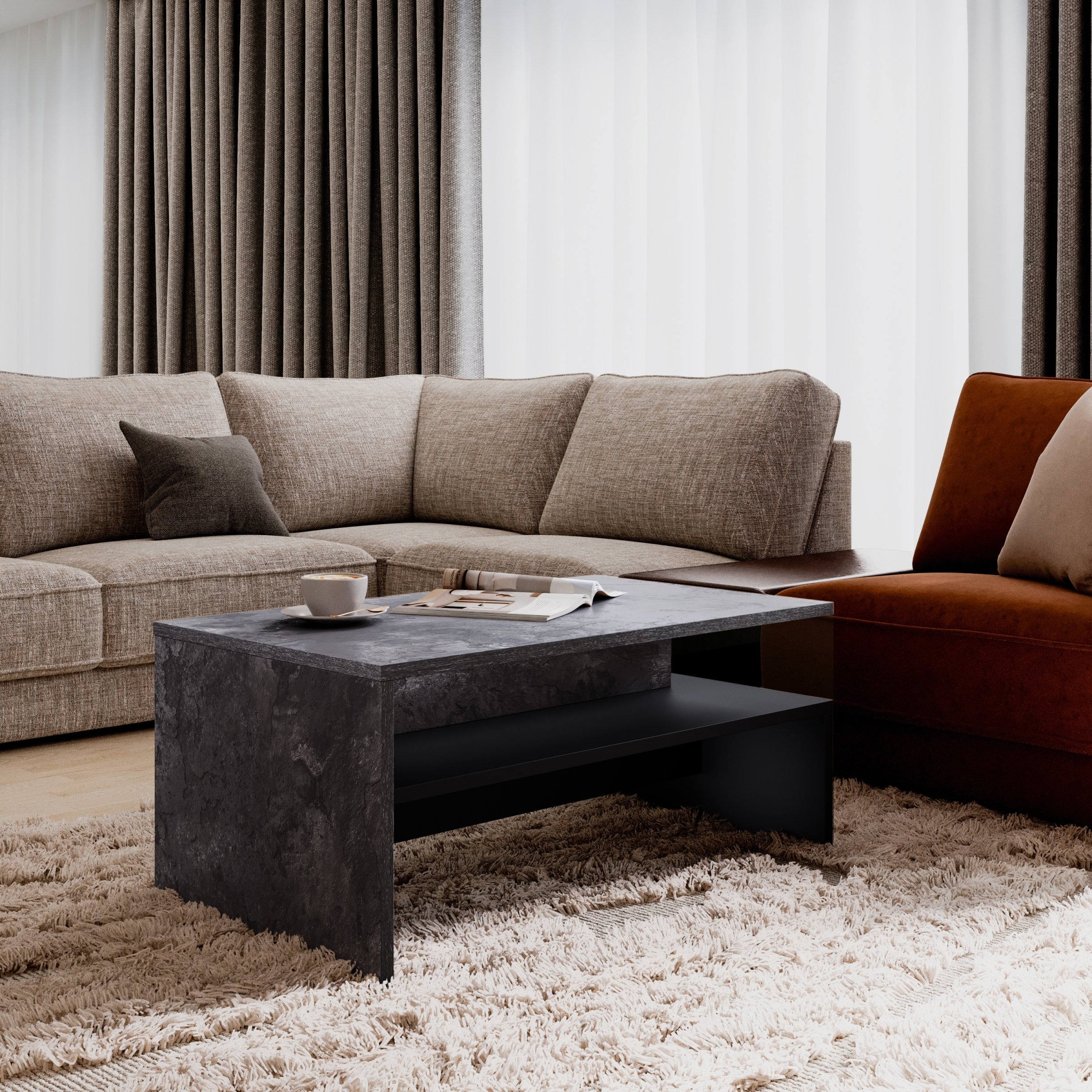 Stolík kawowy Baros 99 - 100x60 cm - tmavý beton / schiefer / Čierny Stolík kawowy Baros 99 - 100x60 cm - tmavý beton / schiefer / Čierny