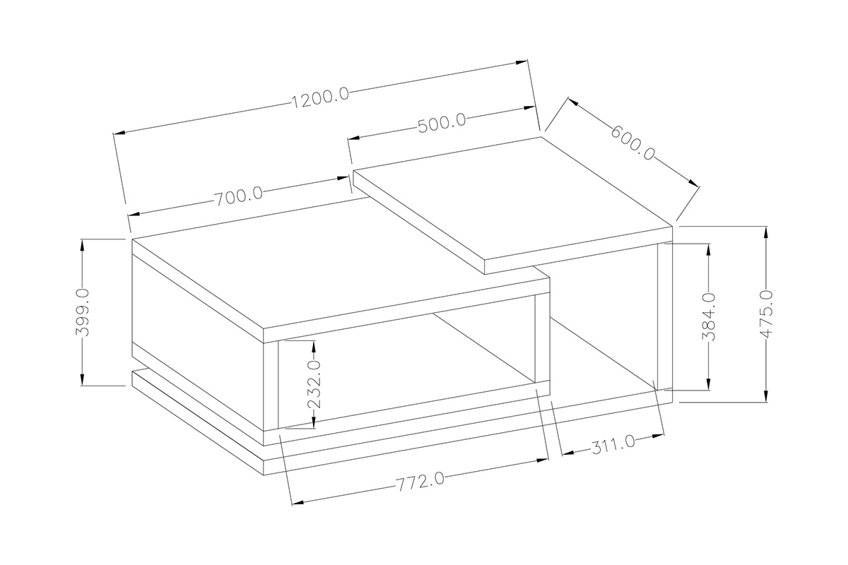 Bota 97 dohányzóasztal 120 cm polcokkal - antracit / tölgy ribbec - Akcio asztal kawowy Bota 97 - antracyt / dab ribbec - méretek