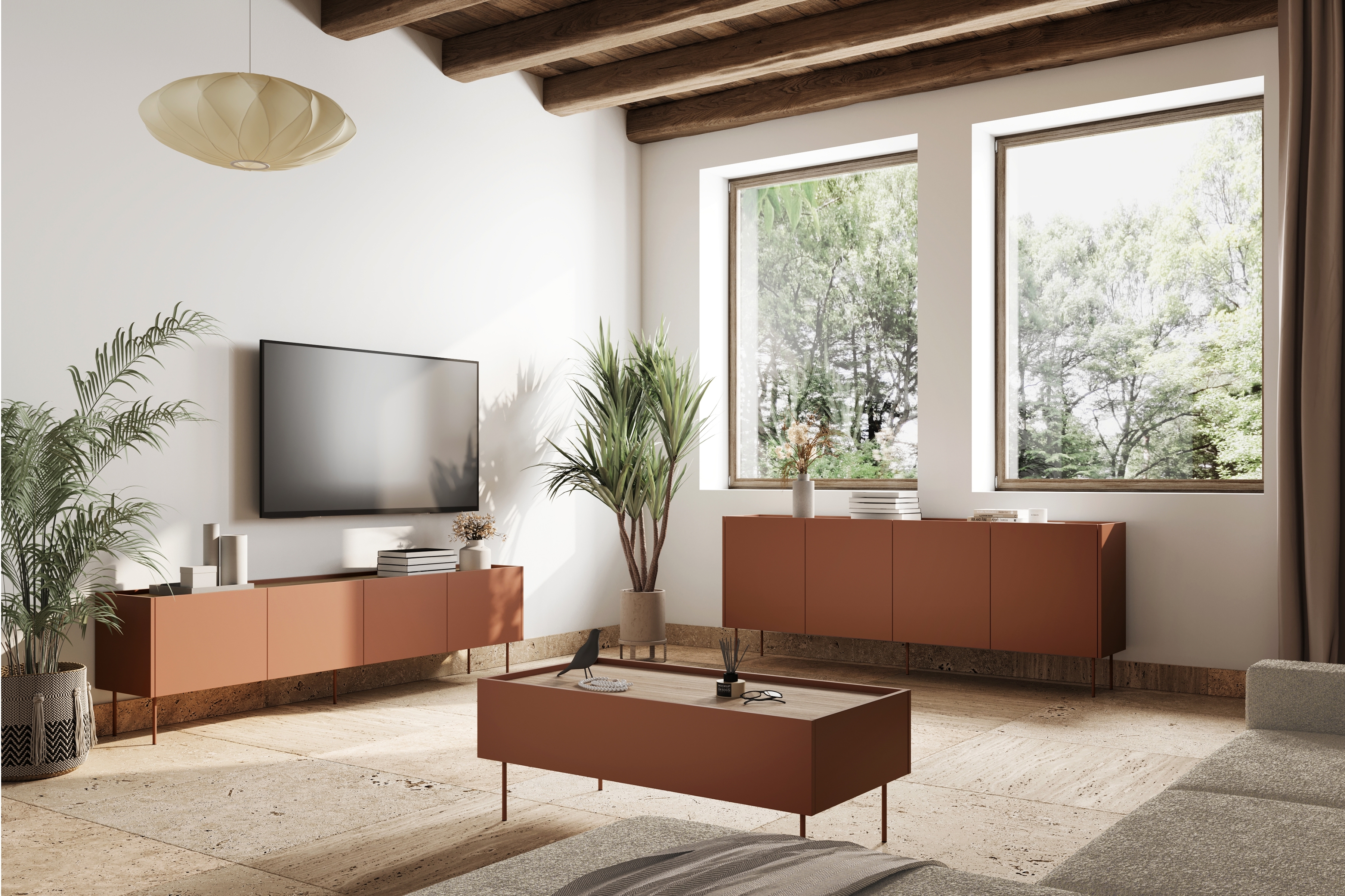 Konferenčný stolík Desin 120x60 cm - ceramic red / dub nagano Konferenčný stolík Desin 120 cm so zásuvkami i metalowymi nogami - ceramic red / Dub nagano