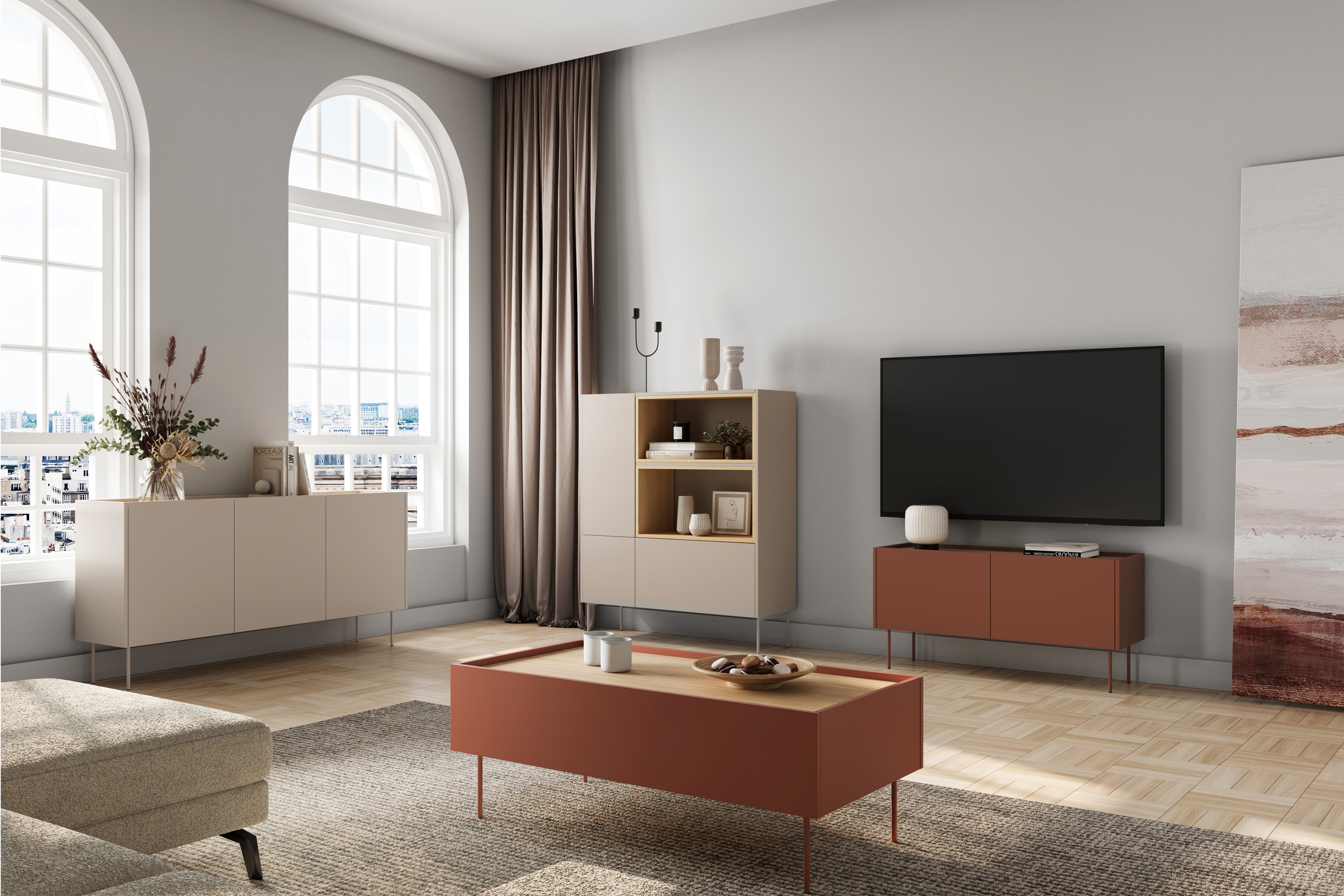 Konferenčný stolík Desin 120x60 cm - ceramic red / dub nagano Konferenčný stolík Desin 120 cm so zásuvkami i metalowymi nogami - ceramic red / Dub nagano