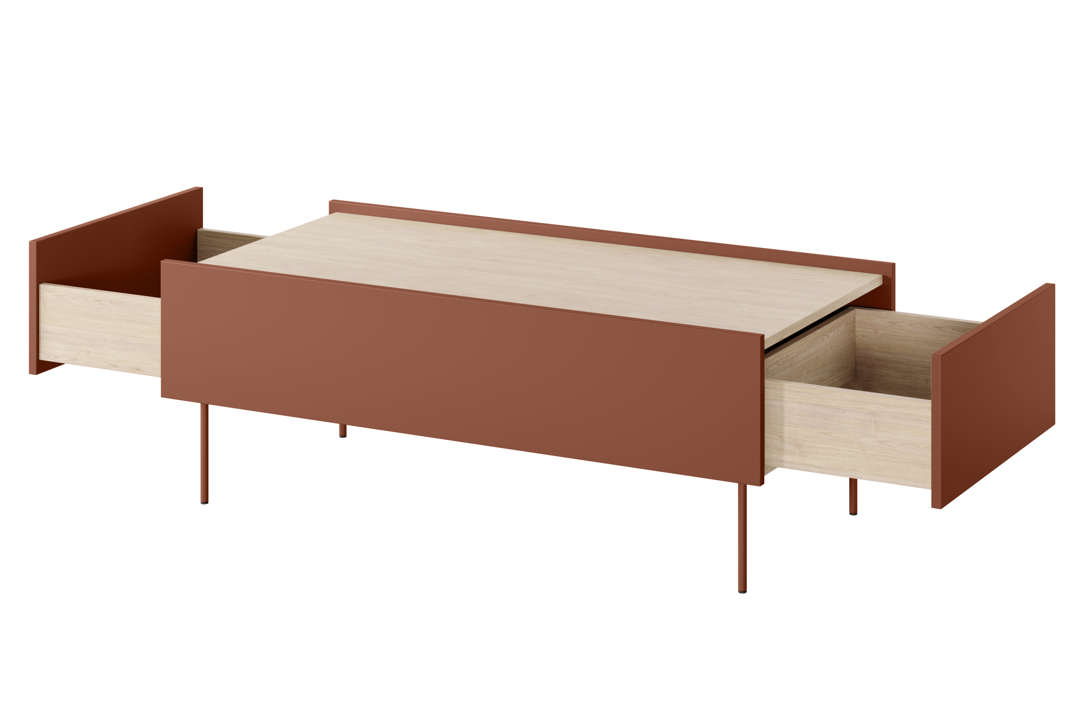 Konferenčný stolík Desin 120x60 cm - ceramic red / dub nagano Konferenčný stolík Desin 120 cm so zásuvkami i metalowymi nogami - ceramic red / Dub nagano