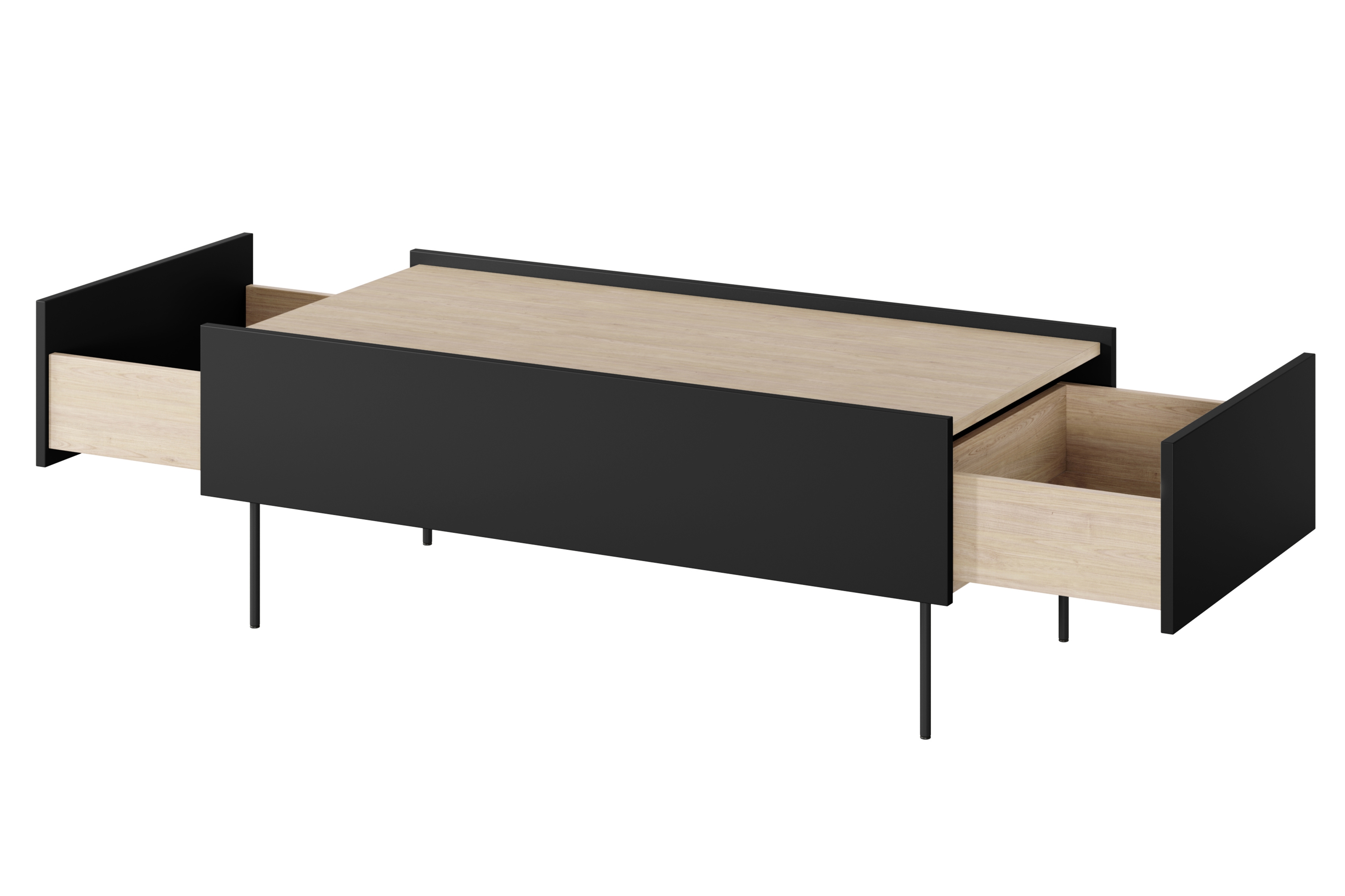 Konferenčný stolík Desin 120 cm - čierny mat / dub nagano Konferenčný stolík Desin 120 cm so zásuvkami i metalowymi nogami - Čierny mat / Dub nagano