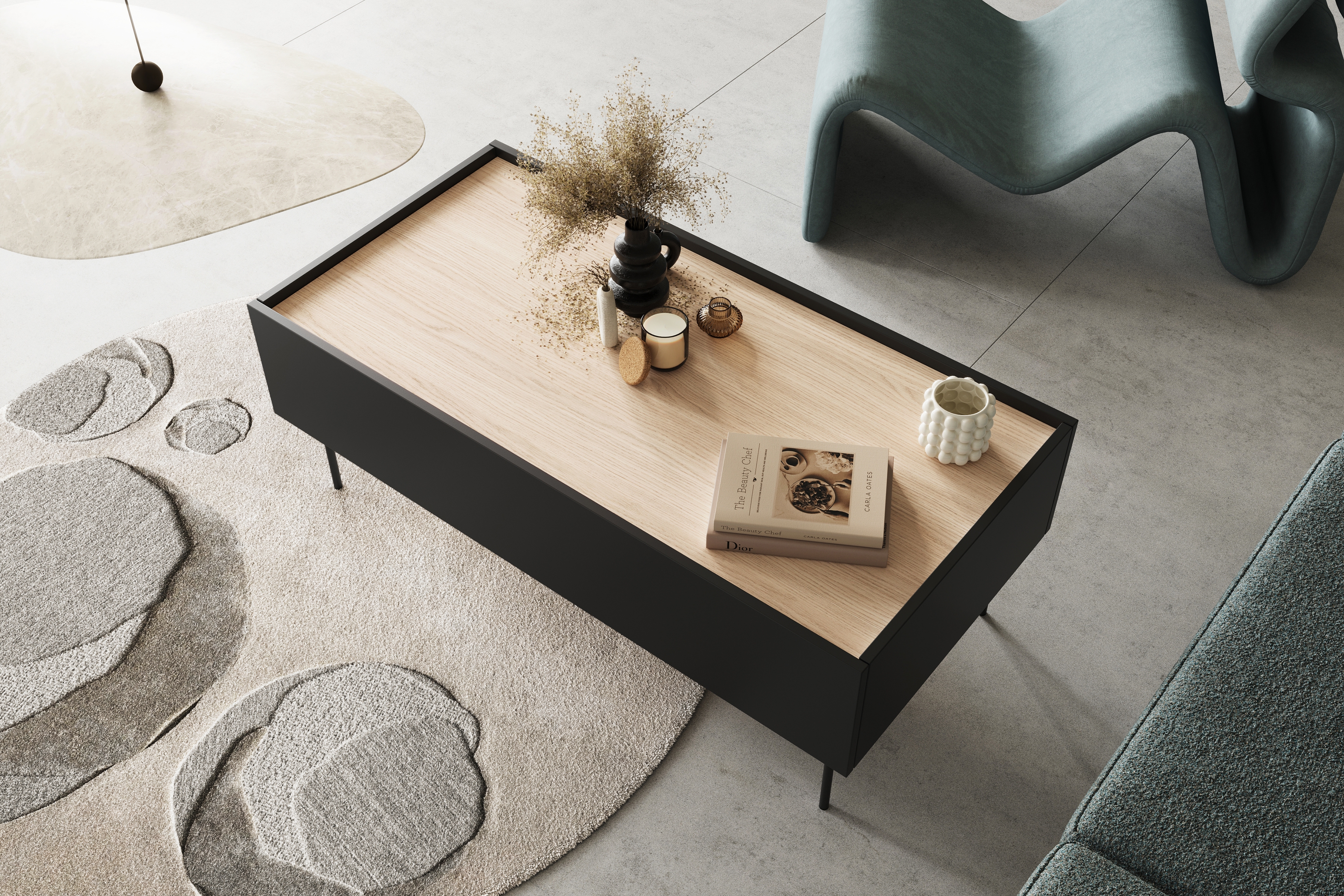 Konferenčný stolík Desin 120 cm - čierny mat / dub nagano Konferenčný stolík Desin 120 cm so zásuvkami i metalowymi nogami - Čierny mat / Dub nagano