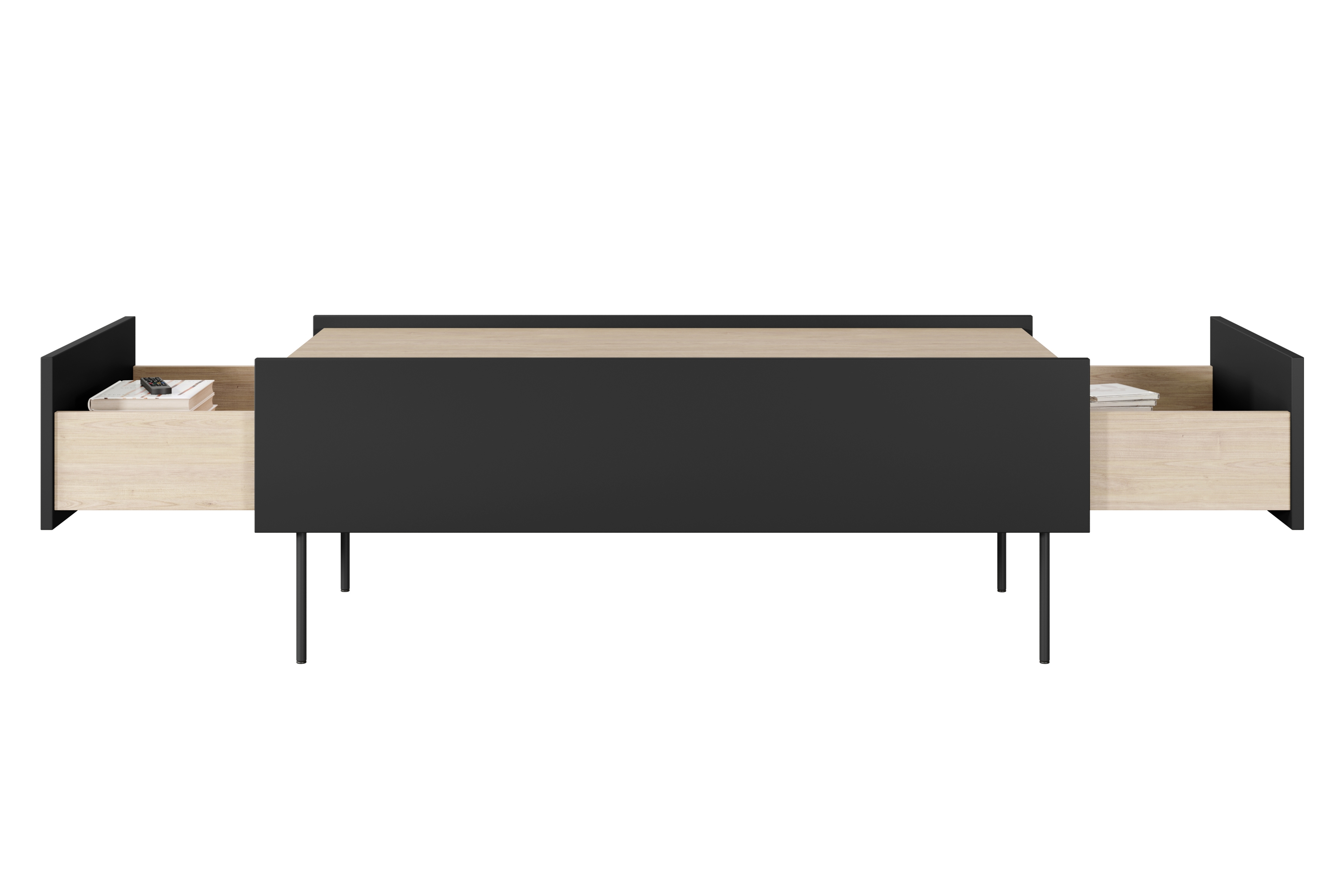 Konferenčný stolík Desin 120 cm - čierny mat / dub nagano Konferenčný stolík Desin 120 cm so zásuvkami i metalowymi nogami - Čierny mat / Dub nagano
