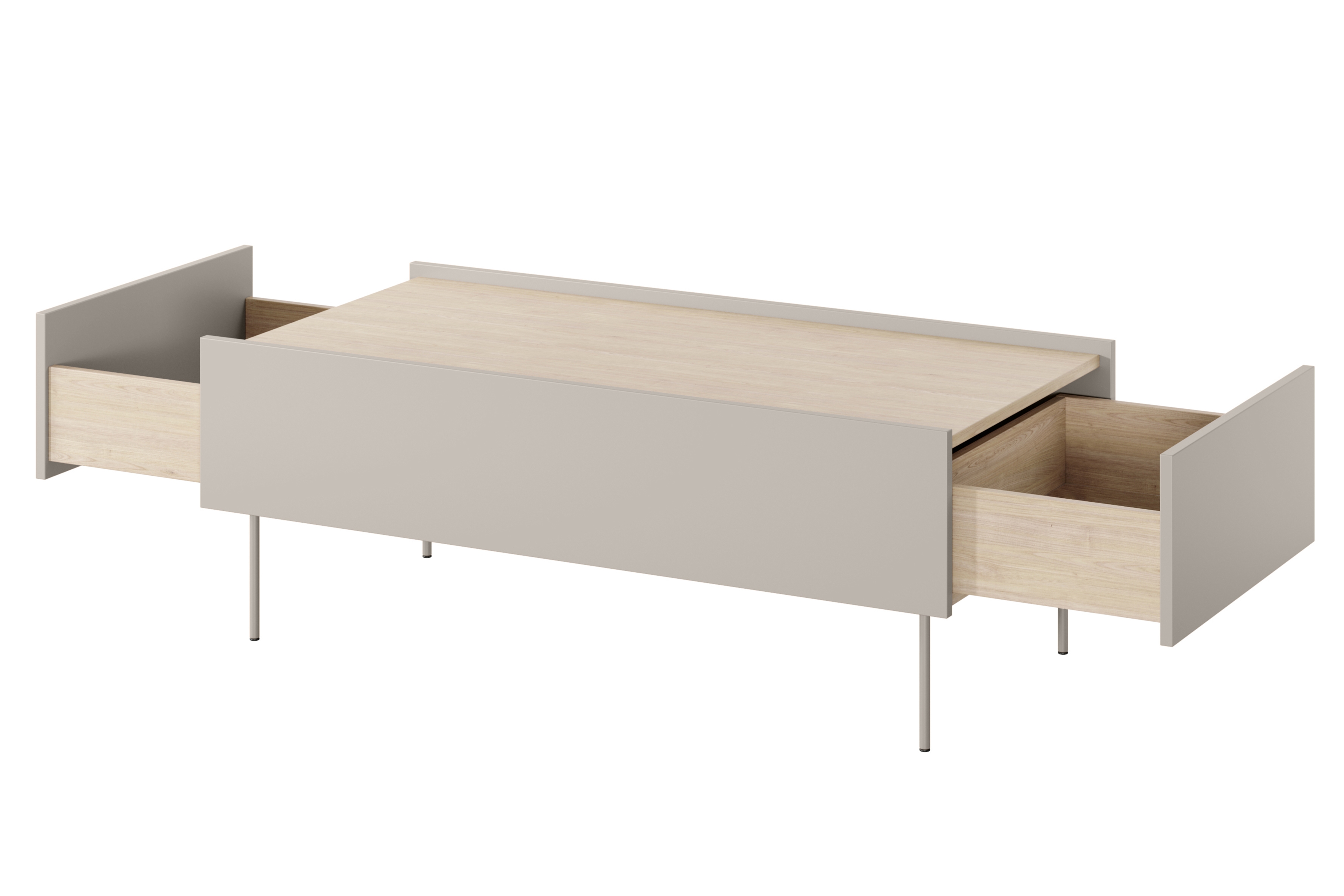 Konferenčný stolík Desin 120 cm - kašmírová / dub nagano Konferenčný stolík Desin 120 cm so zásuvkami i metalowymi nogami - kašmír / Dub nagano