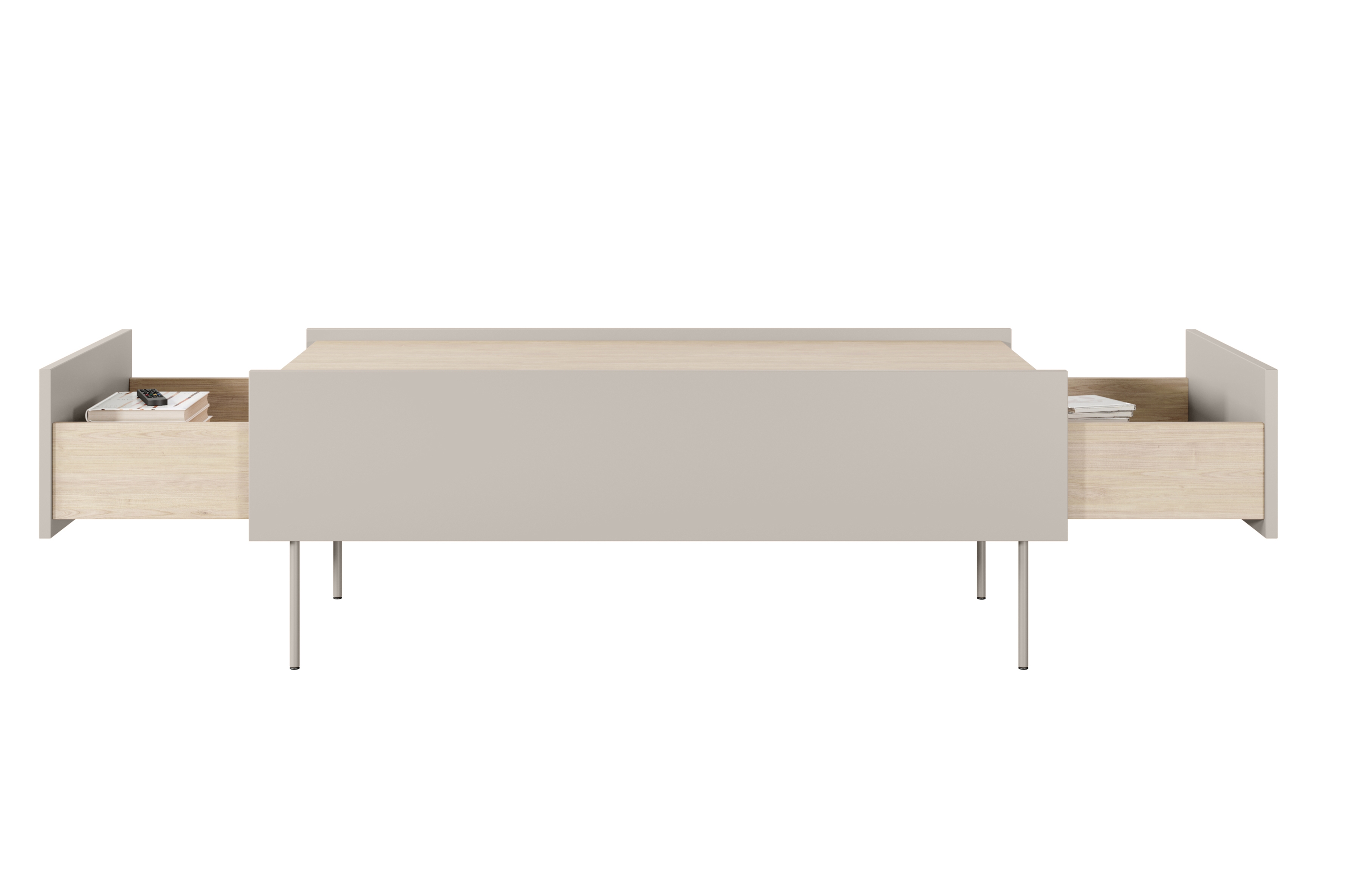 Konferenčný stolík Desin 120 cm - kašmírová / dub nagano Konferenčný stolík Desin 120 cm so zásuvkami i metalowymi nogami - kašmír / Dub nagano