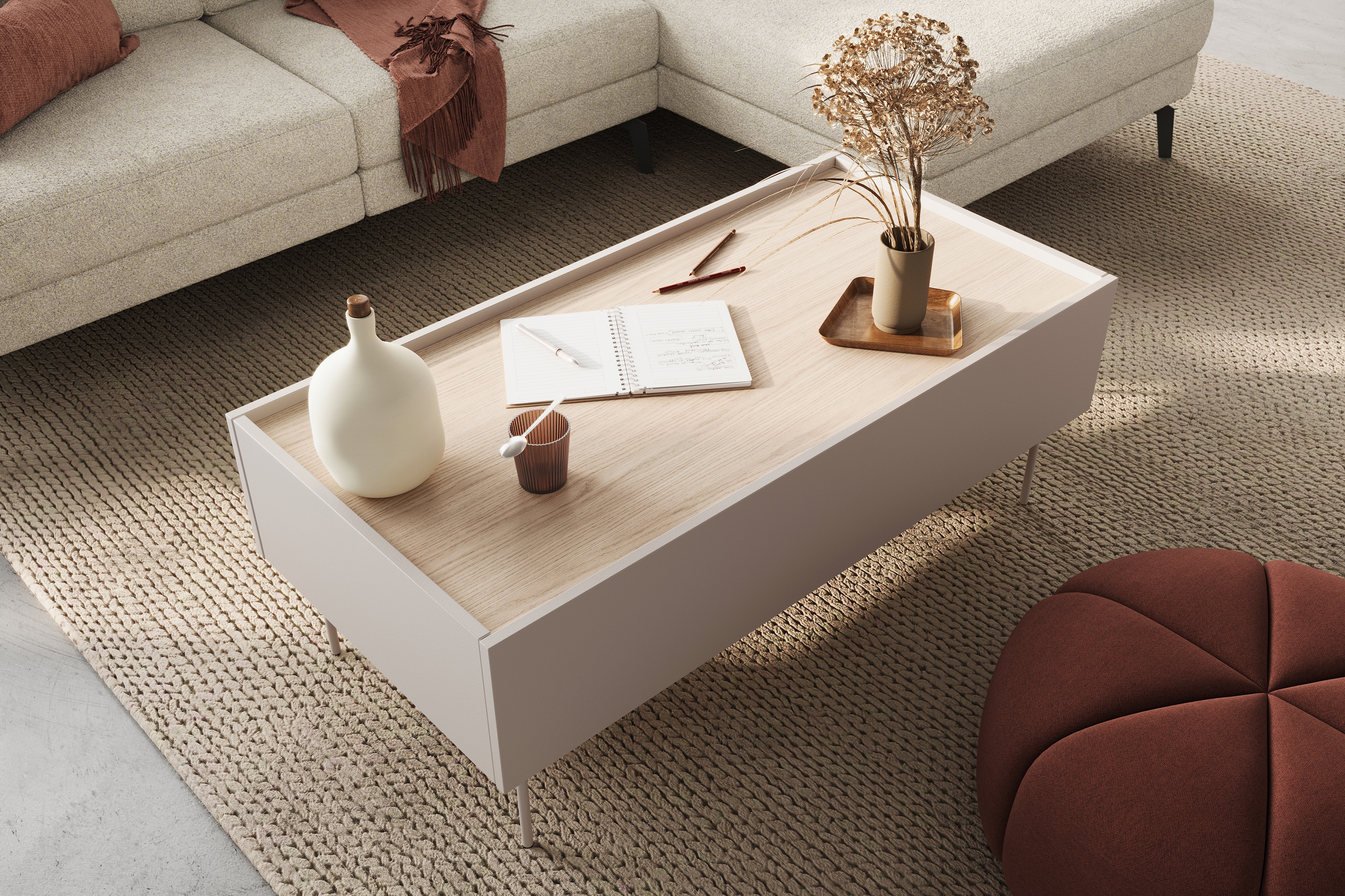 Konferenčný stolík Desin 120 cm - kašmírová / dub nagano Konferenčný stolík Desin 120 cm so zásuvkami i metalowymi nogami - kašmír / Dub nagano