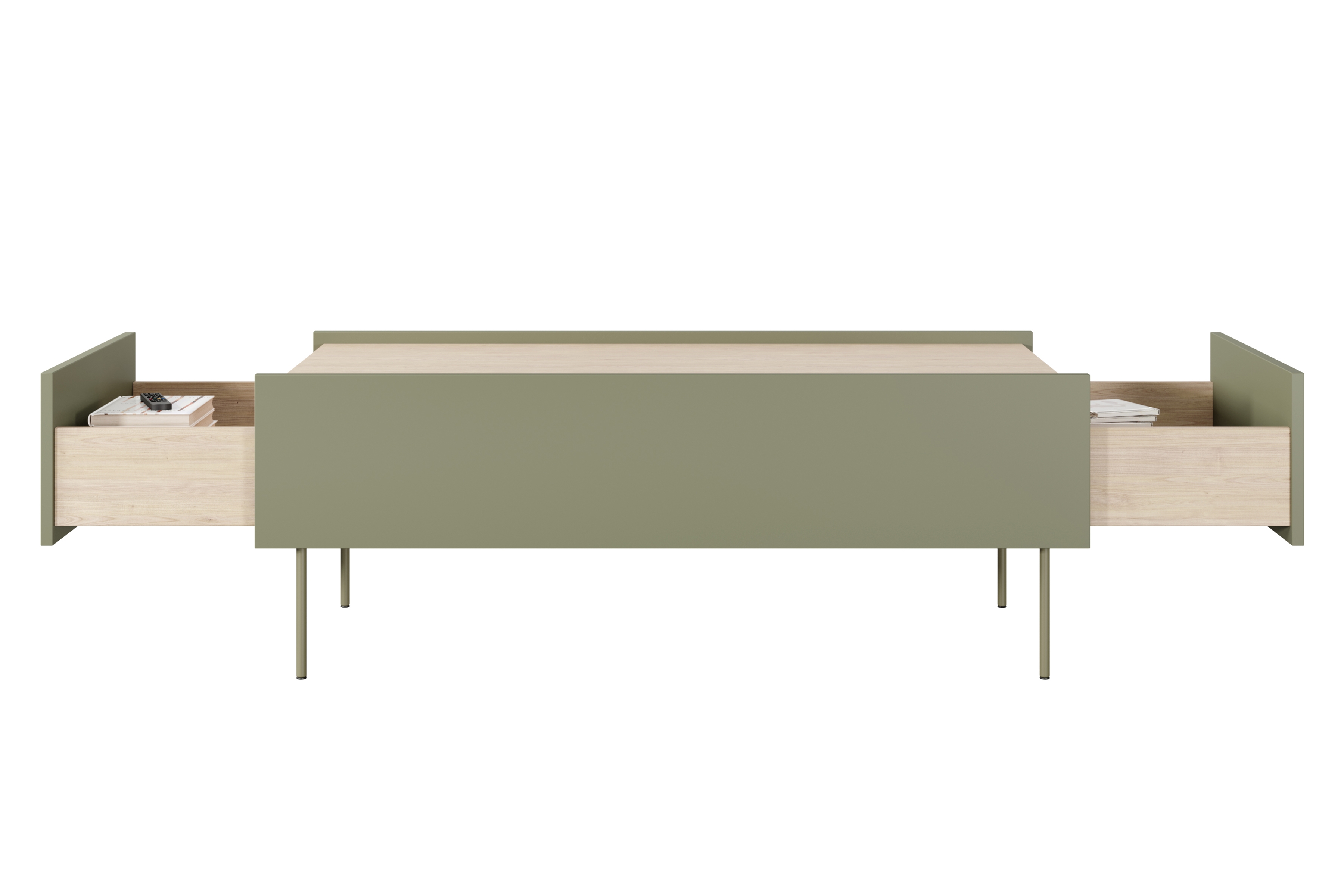 Konferenčný stolík Desin 120x60 cm - olivová / dub nagano Konferenčný stolík Desin 120 cm so zásuvkami i metalowymi nogami - Oliva / Dub nagano