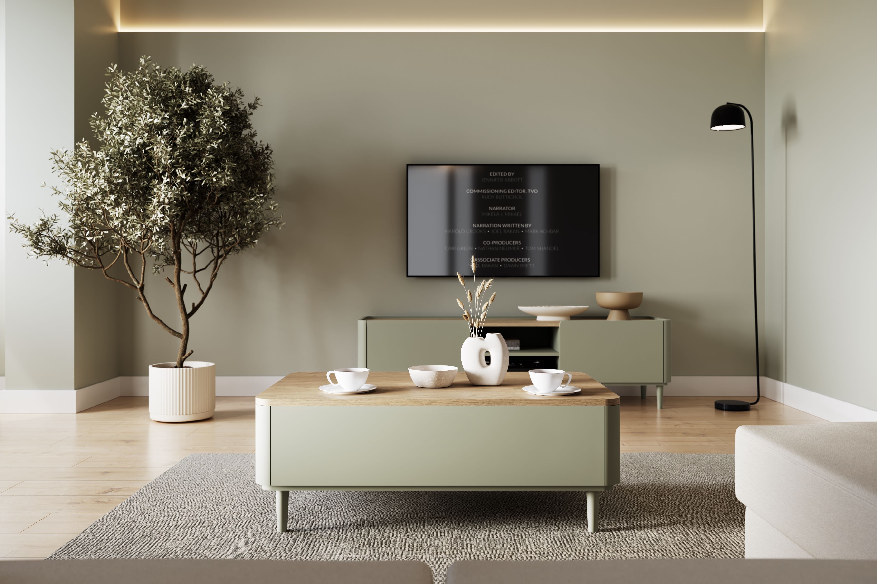 Konferenčný stolík Elivo 100 cm na nožičkách - eukalyptus / dub baltic dune Stolík kawowy Elivo 100 cm so zásuvkami na nôžkach - eukaliptus / Dub baltic dune