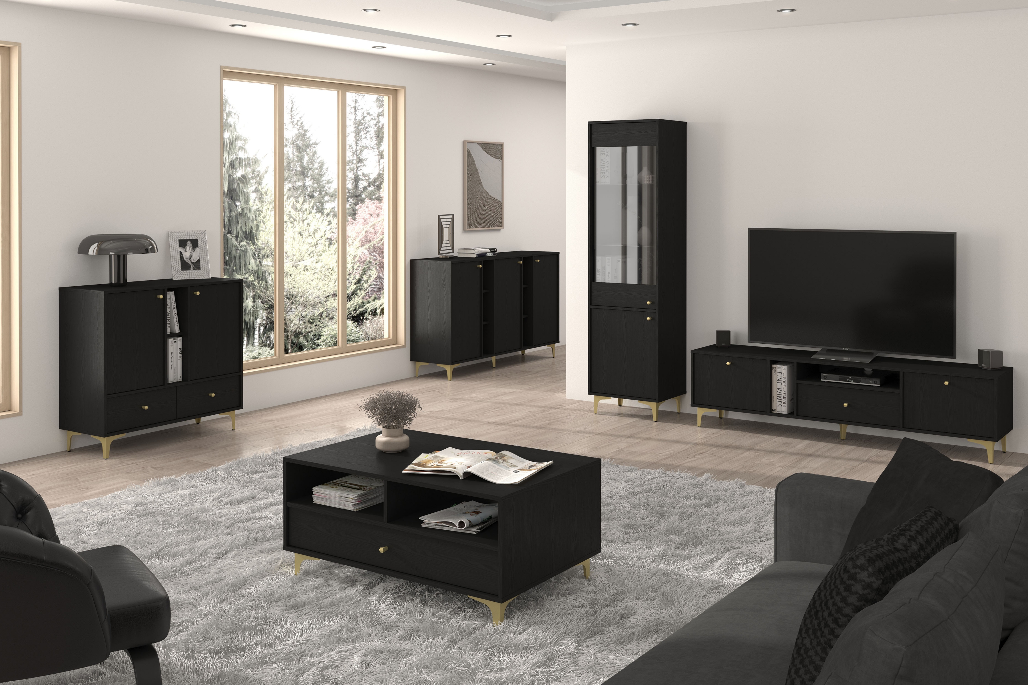 Konferenčný stolík Lotina I 1S 100x65 cm - čierna grafit / zlaté nožičky Konferenčný stolík Lotina I 1S z szuflada 100x65 cm - Čierny grafit / zlote nožičky