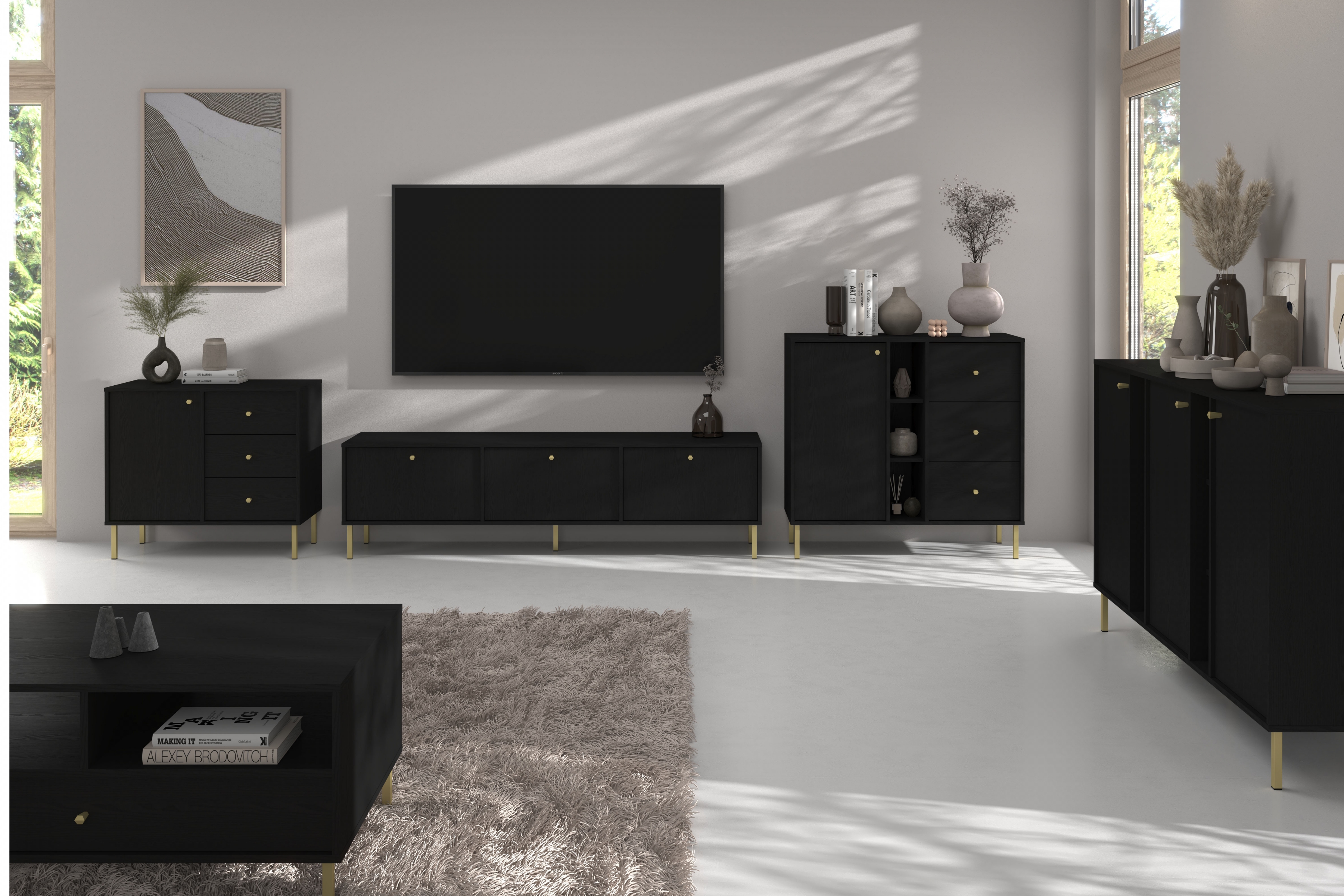 Konferenčný stolík Lotina II 1S 100x65 cm - čierna grafit / zlaté nožičky Konferenčný stolík Lotina II 1S z szuflada 100x65 cm - Čierny grafit / zlote nožičky