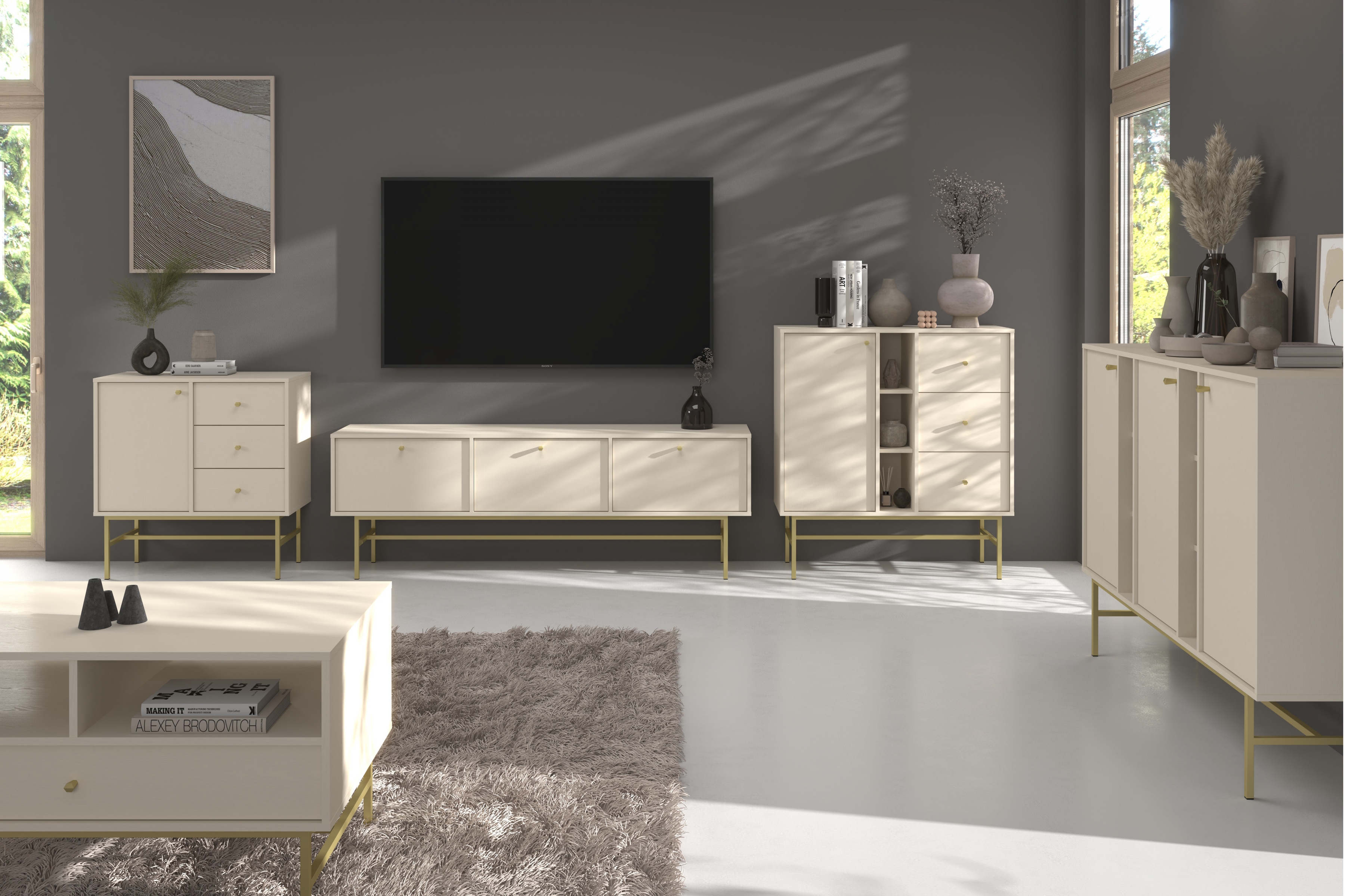 Konferenčný stolík Lotina III 1S 100x65 cm - béžová / zlaté nohy Konferenčný stolík Lotina III 1S z szuflada 100x65 cm - Béžová Pieskový / zlote nožičky