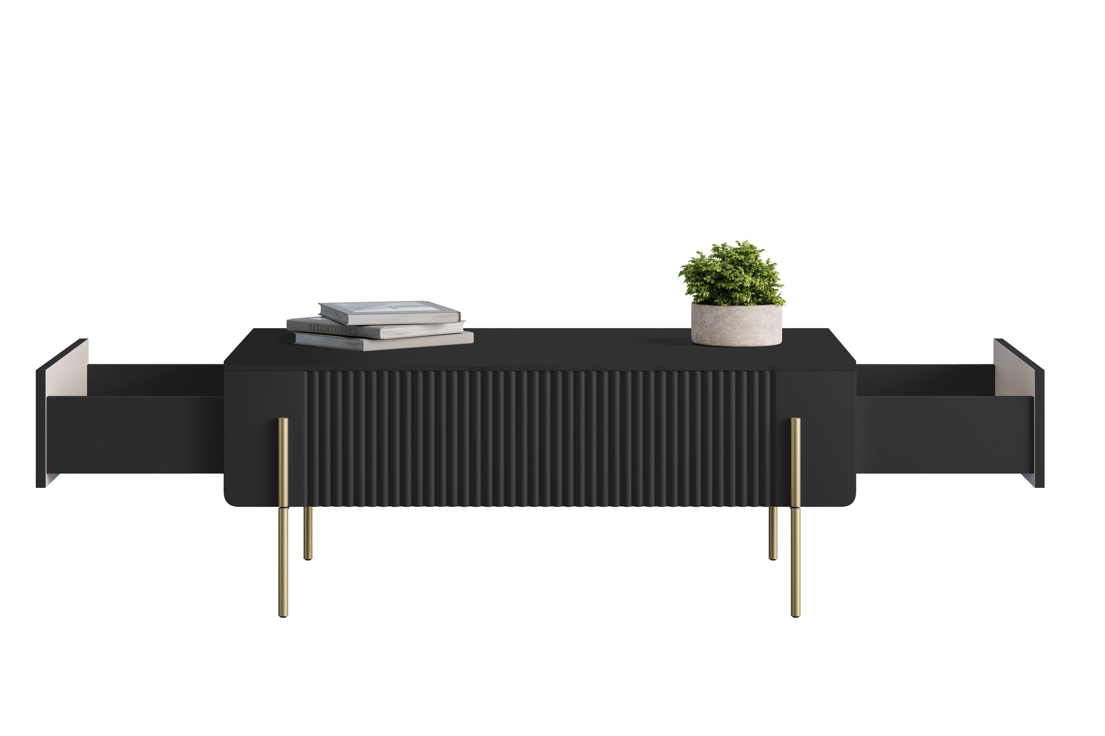 Konferenční stolek se zásuvkami Malmi 100 cm - černý mat / zlaté nožky stolek kawowy Malmi 100 cm se zásuvkami - černá mat / zlote nozki