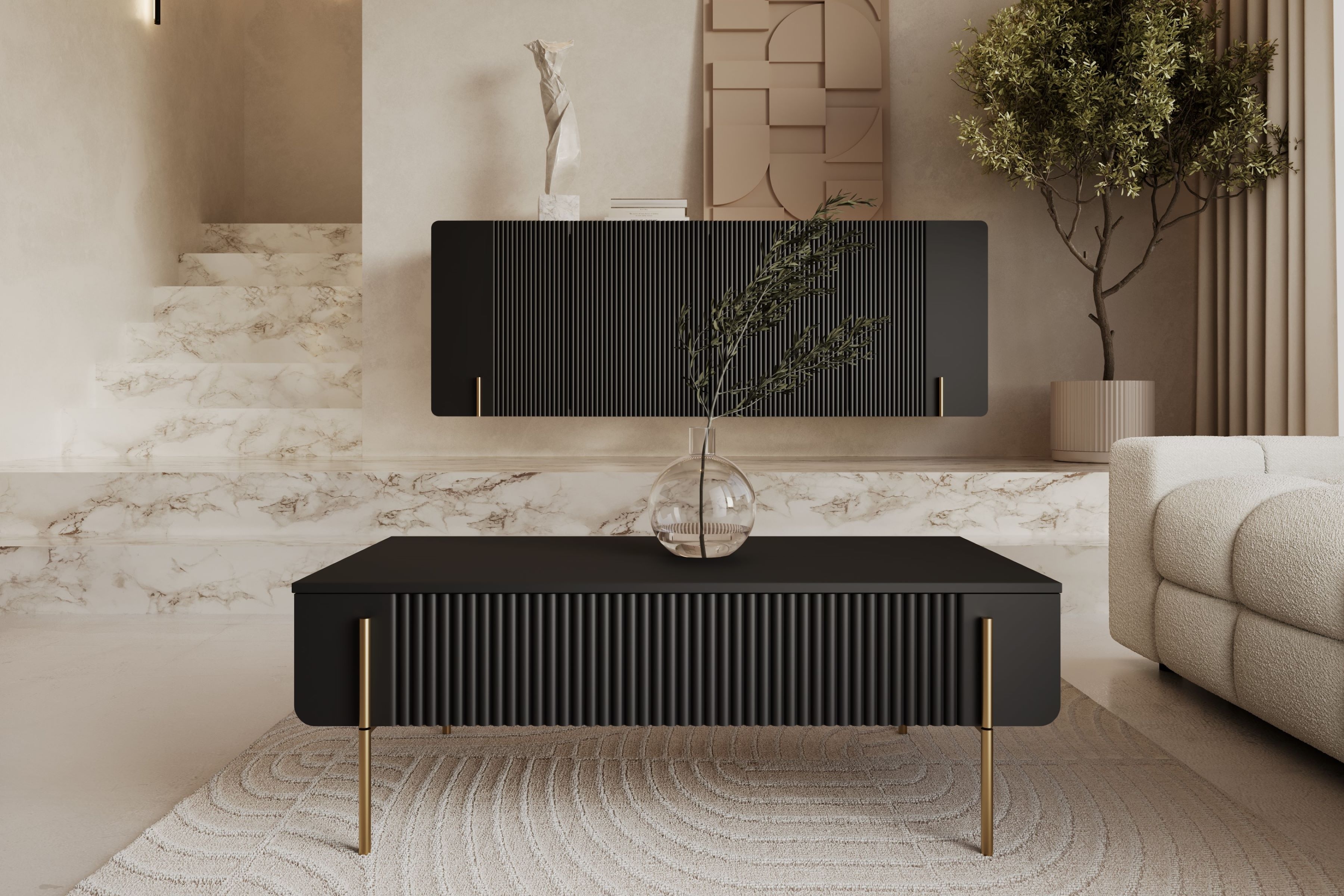 Konferenční stolek se zásuvkami Malmi 100 cm - černý mat / zlaté nožky stolek kawowy Malmi 100 cm se zásuvkami - černá mat / zlote nozki