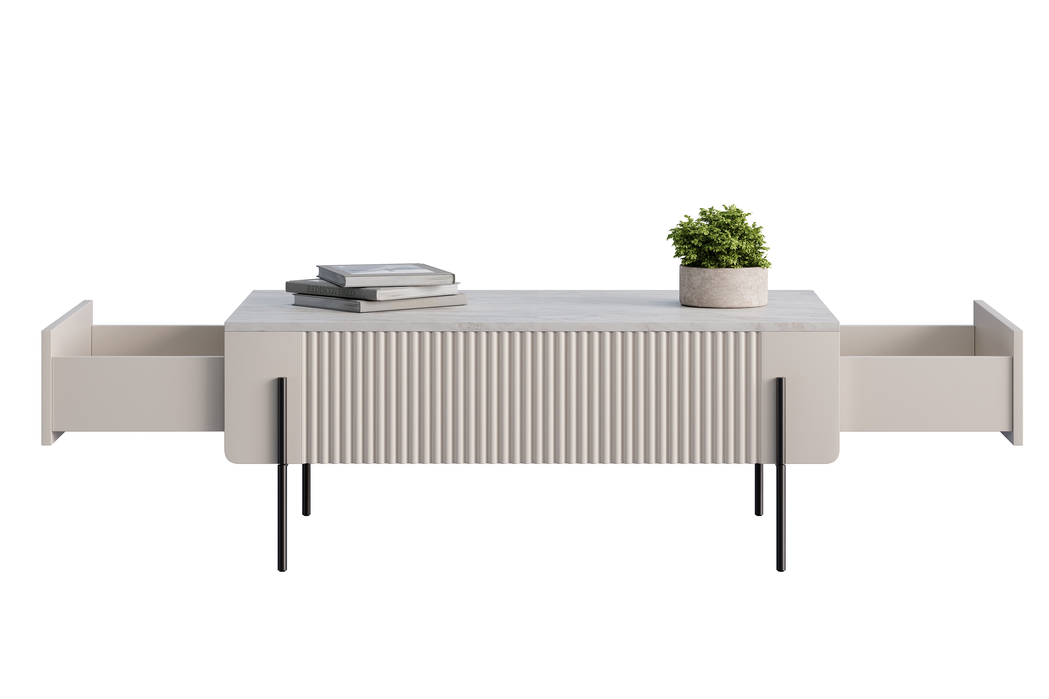 Konferenčný stolík Malmi 100 cm - kašmírová / crema bianca / čierna Konferenčný stolík Malmi 100 cm so zásuvkami - kašmír / crema bianca / čierny nozki