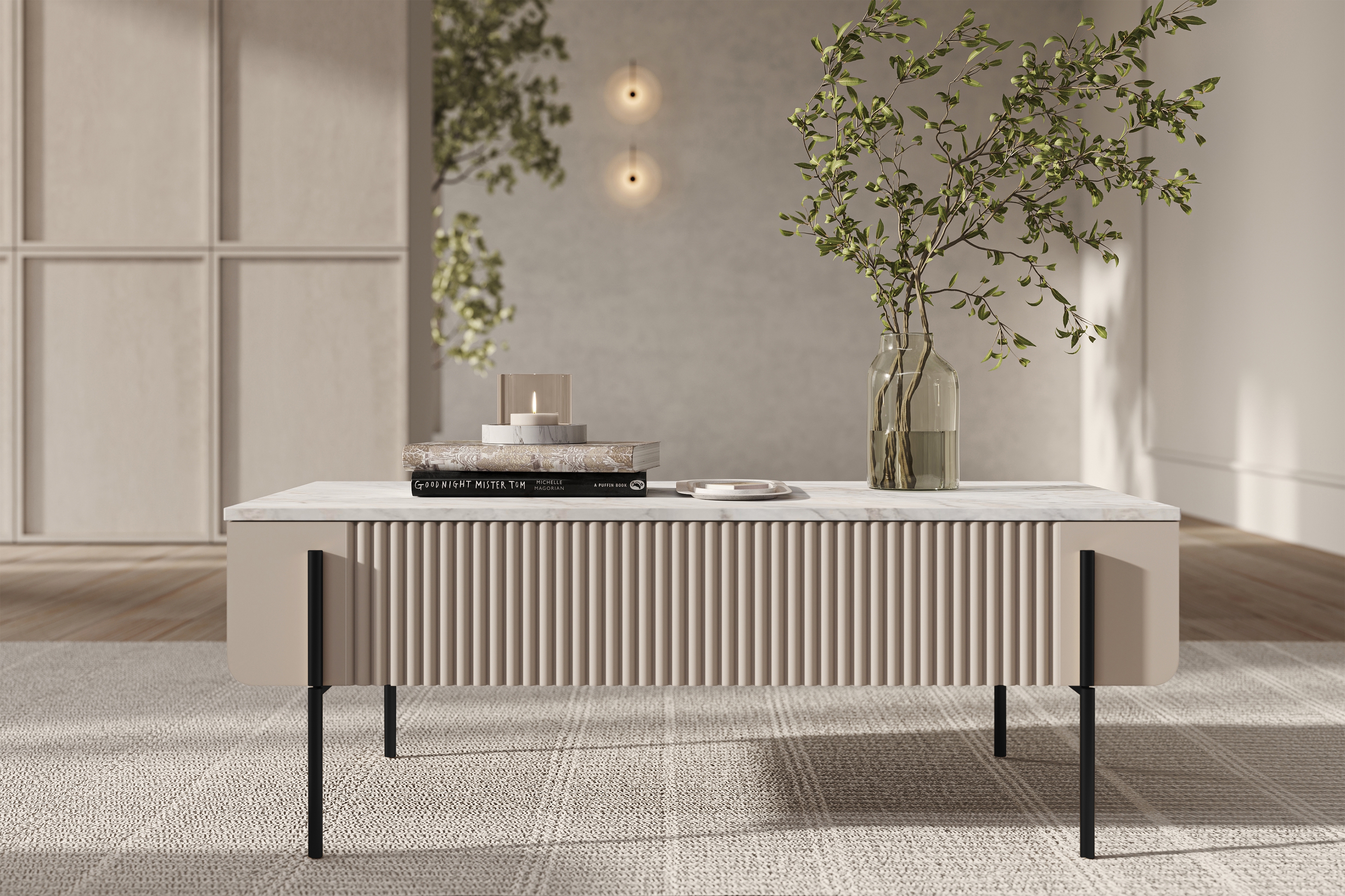 Konferenčný stolík Malmi 100 cm - kašmírová / crema bianca / čierna Konferenčný stolík Malmi 100 cm so zásuvkami - kašmír / crema bianca / čierny nozki