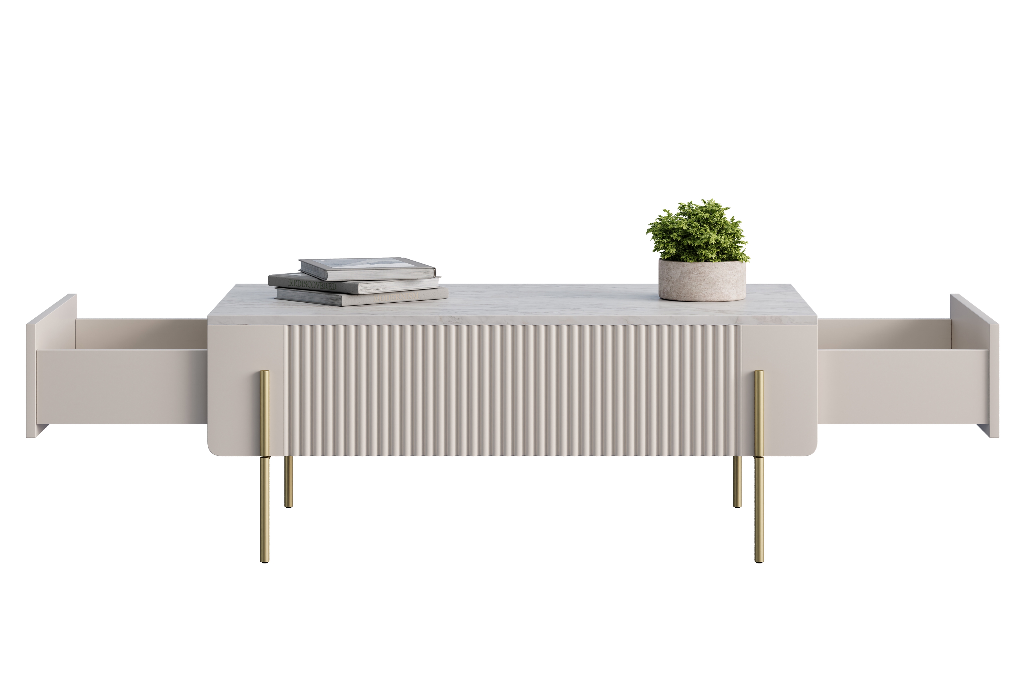 Konferenčný stolík Malmi 100 cm - kašmírová / crema bianca / zlatá Konferenčný stolík Malmi 100 cm so zásuvkami - kašmír / crema bianca / zlote nozki