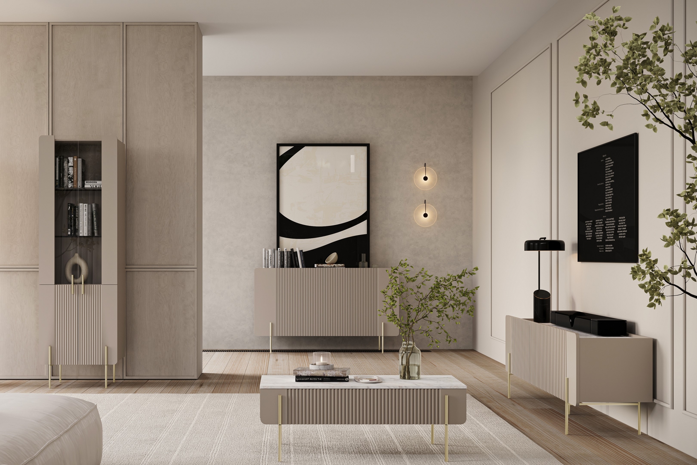 Konferenčný stolík Malmi 100 cm - kašmírová / crema bianca / zlatá Konferenčný stolík Malmi 100 cm so zásuvkami - kašmír / crema bianca / zlote nozki