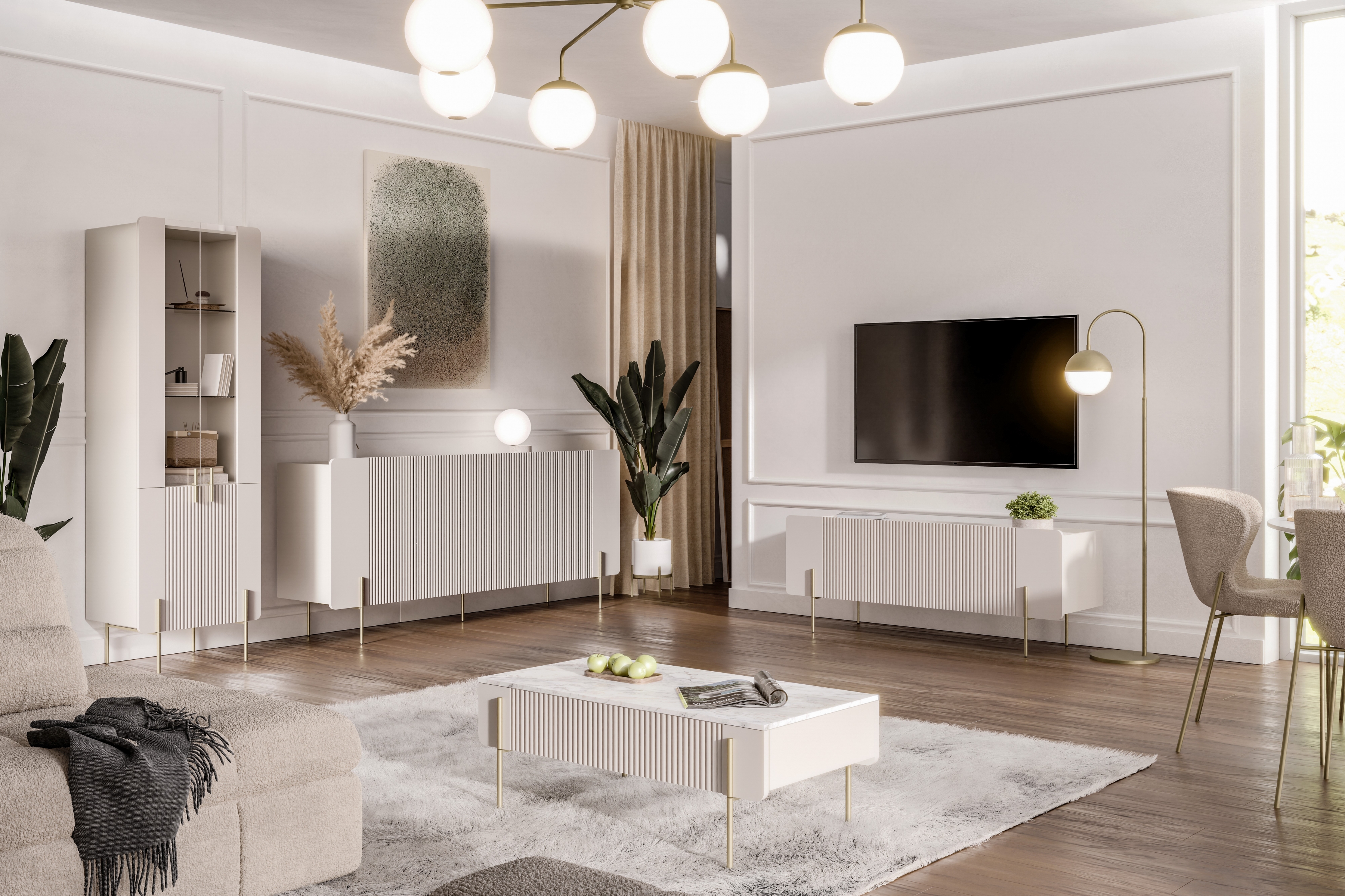 Konferenčný stolík Malmi 100 cm - kašmírová / crema bianca / zlatá Konferenčný stolík Malmi so zásuvkami i metalowymi nogami - kašmír / crema bianca / zlote nozki