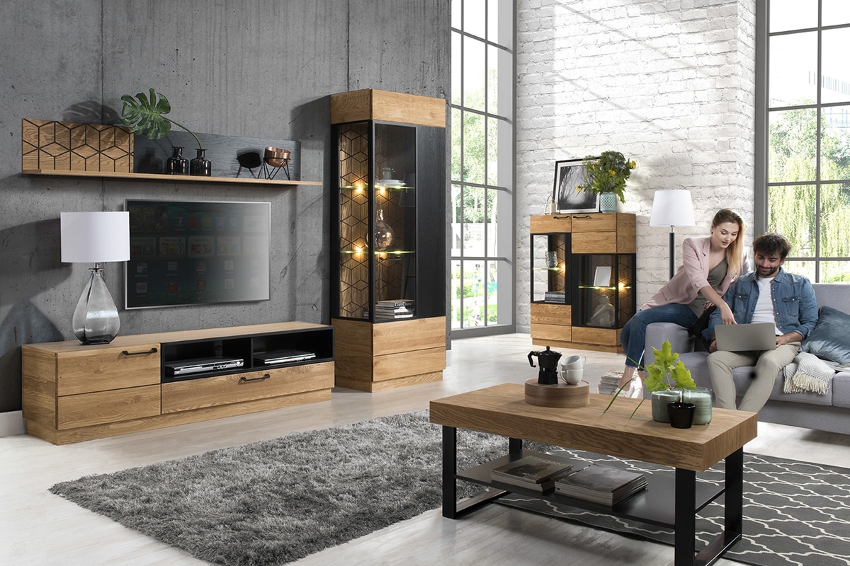 Konferenčný stolíkdo obývačky Mosaic 41 Konferenčný stolík Mosaic 41 z polka i  metalowymi nogami 110x60 cm - Dub medový / Čierny mat