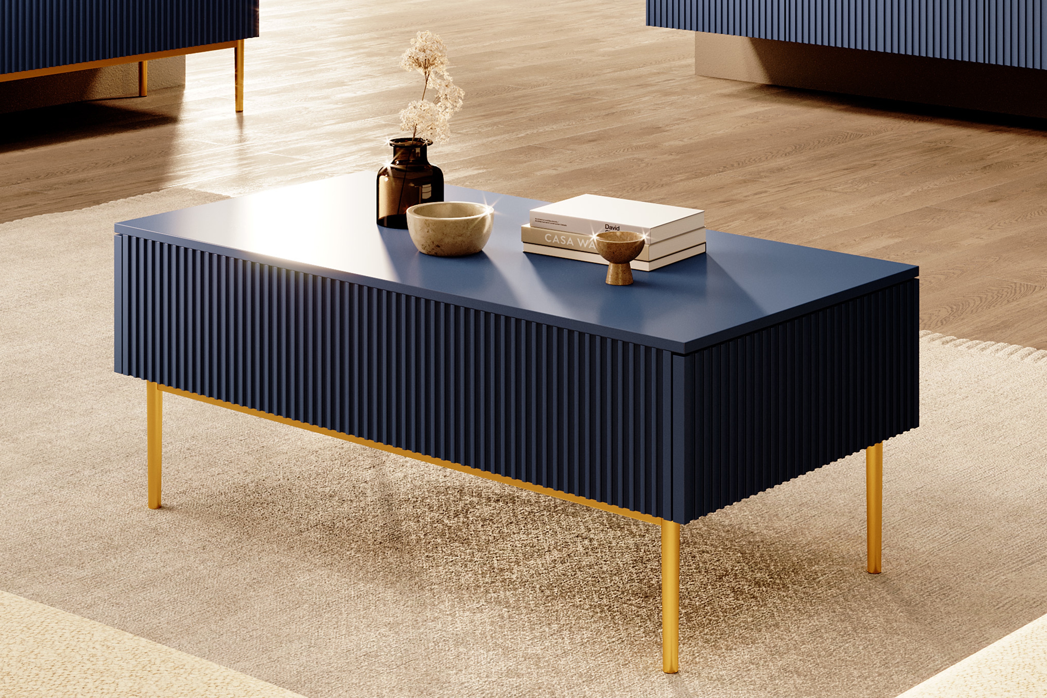 Konferenčný stolík Nicole 120x60 cm - tmavomodrá / zlaté nožičky - Koncovka Série Konferenčný stolík Nicole so zásuvkami i metalowymi nogami - granat / zlote nozki