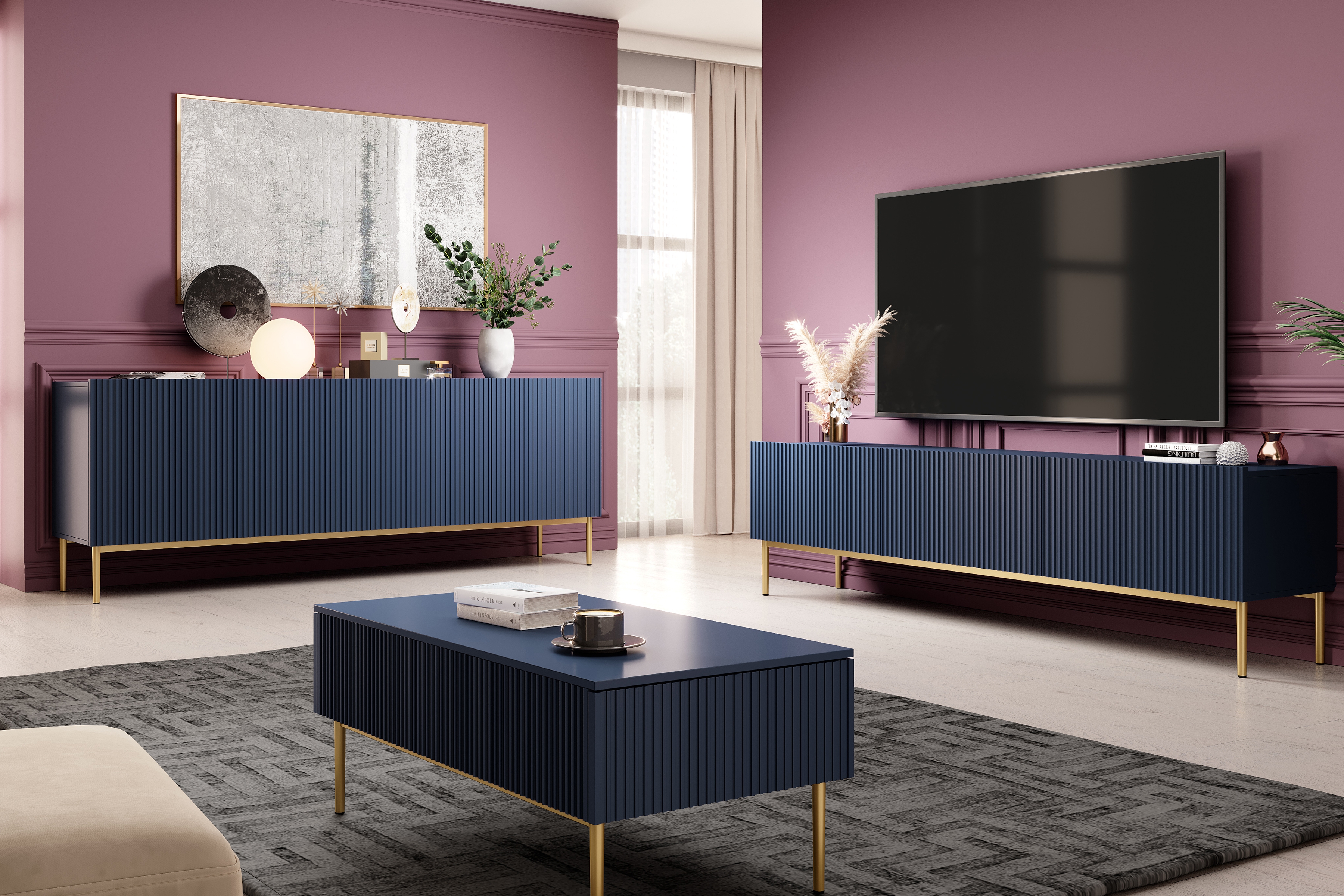 Konferenčný stolík Nicole 120x60 cm - tmavomodrá / zlaté nožičky - Koncovka Série Konferenčný stolík Nicole so zásuvkami i metalowymi nogami - granat / zlote nozki