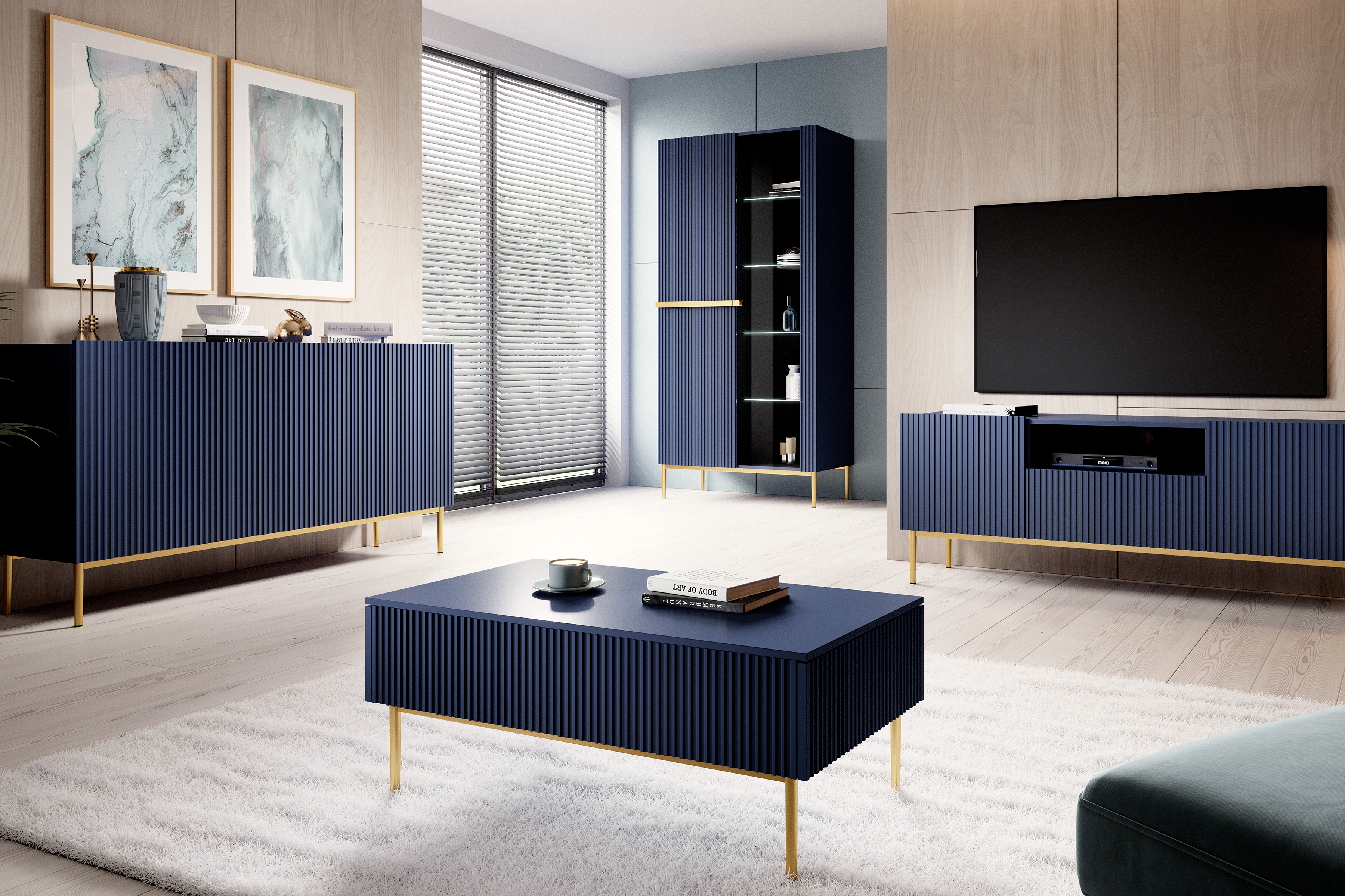 Konferenčný stolík Nicole 120x60 cm - tmavomodrá / zlaté nožičky - Koncovka Série Konferenčný stolík Nicole so zásuvkami i metalowymi nogami - granat / zlote nozki