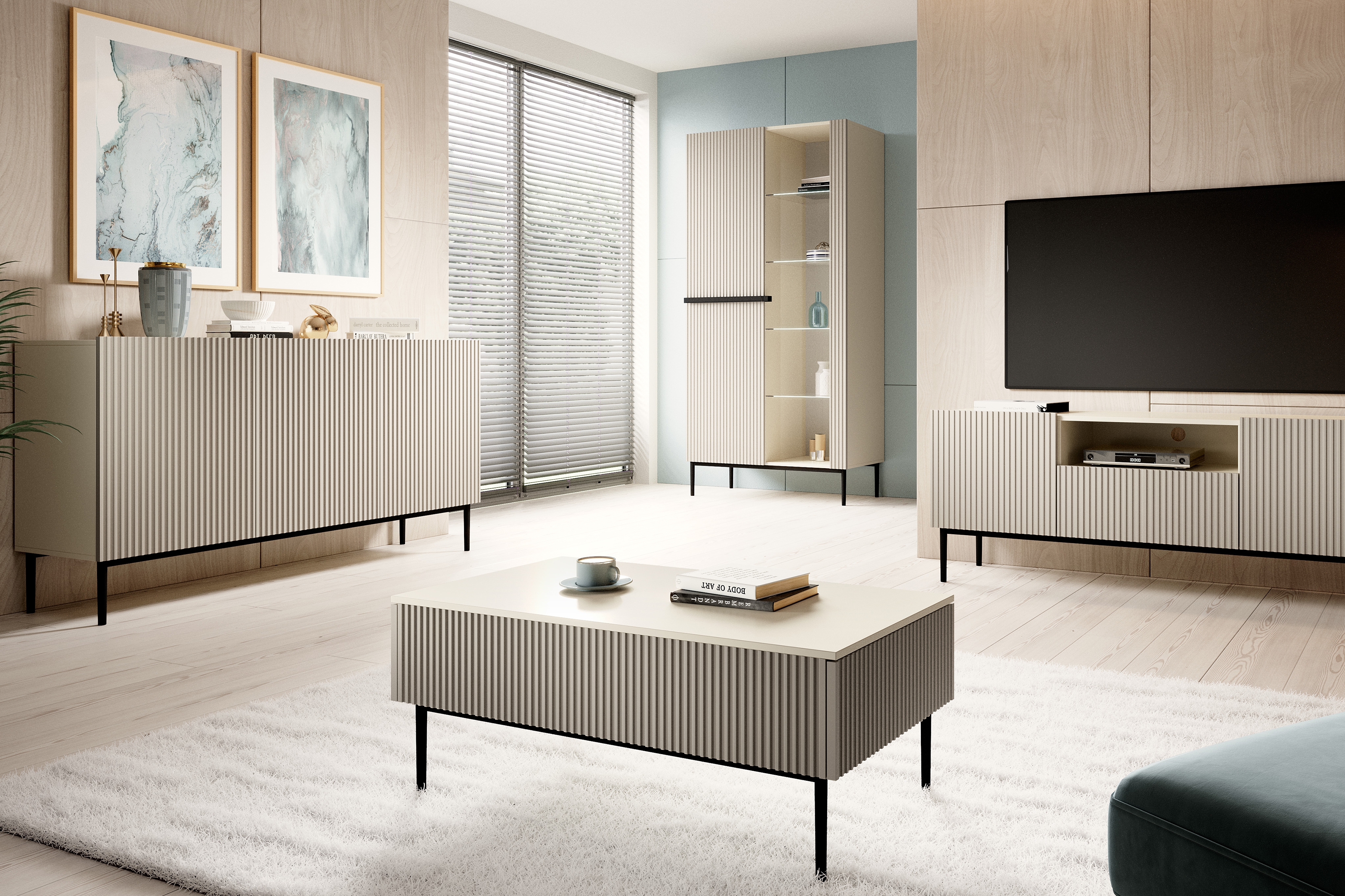 Konferenčný stolík Nicole 120 cm - kašmírové / čierne nohy Konferenčný stolík Nicole so zásuvkami i metalowymi nogami - kašmír / čierny nozki