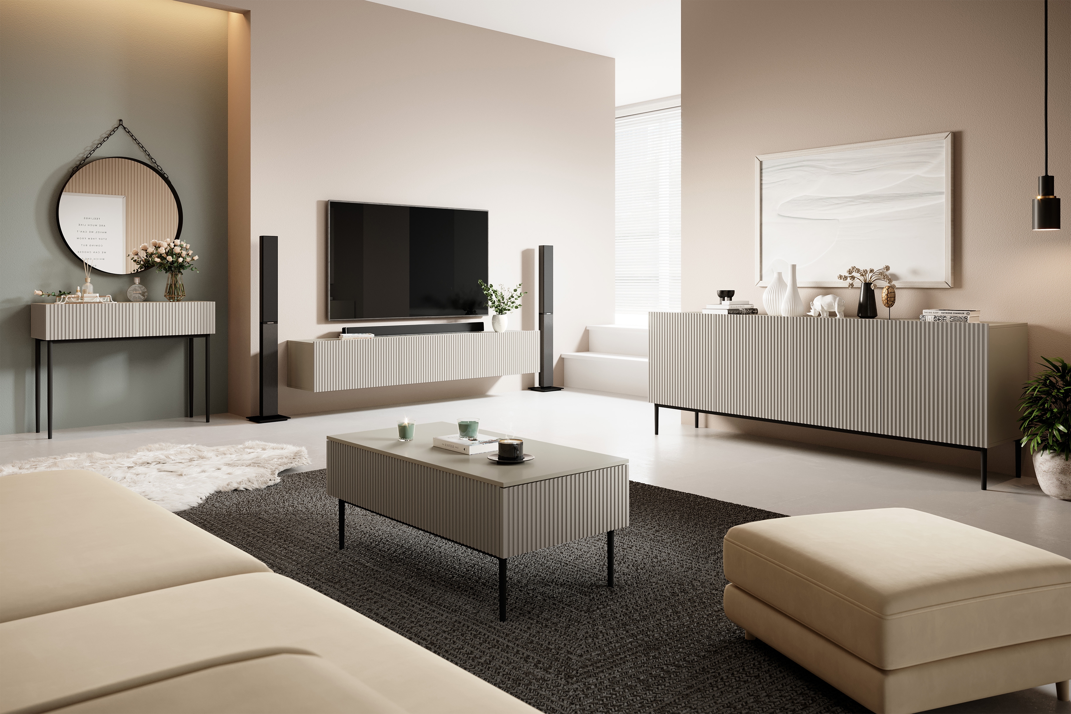 Konferenčný stolík Nicole 120 cm - kašmírové / čierne nohy Konferenčný stolík Nicole so zásuvkami i metalowymi nogami - kašmír / čierny nozki