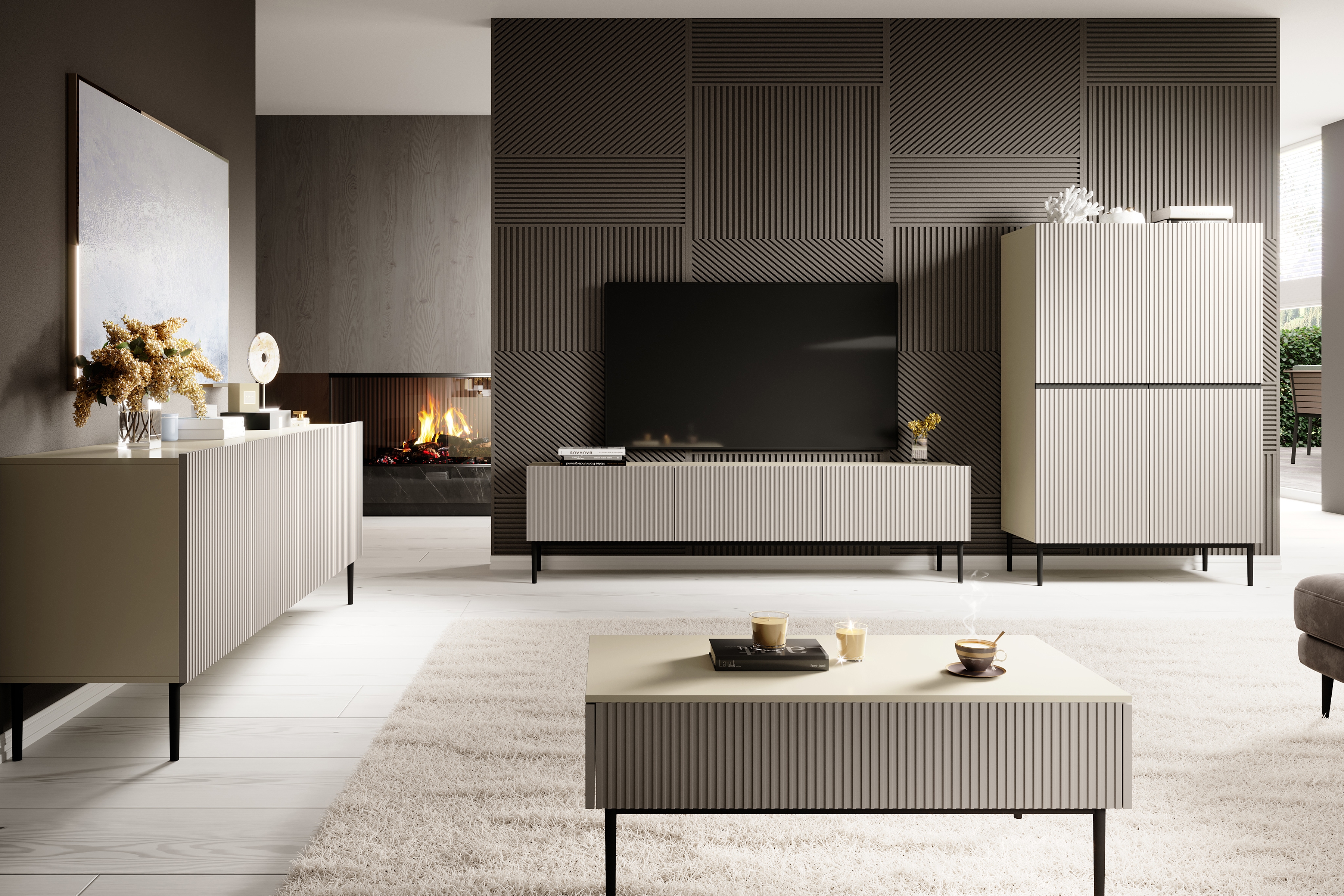 Konferenčný stolík Nicole 120 cm - kašmírové / čierne nohy Konferenčný stolík Nicole so zásuvkami i metalowymi nogami - kašmír / čierny nozki