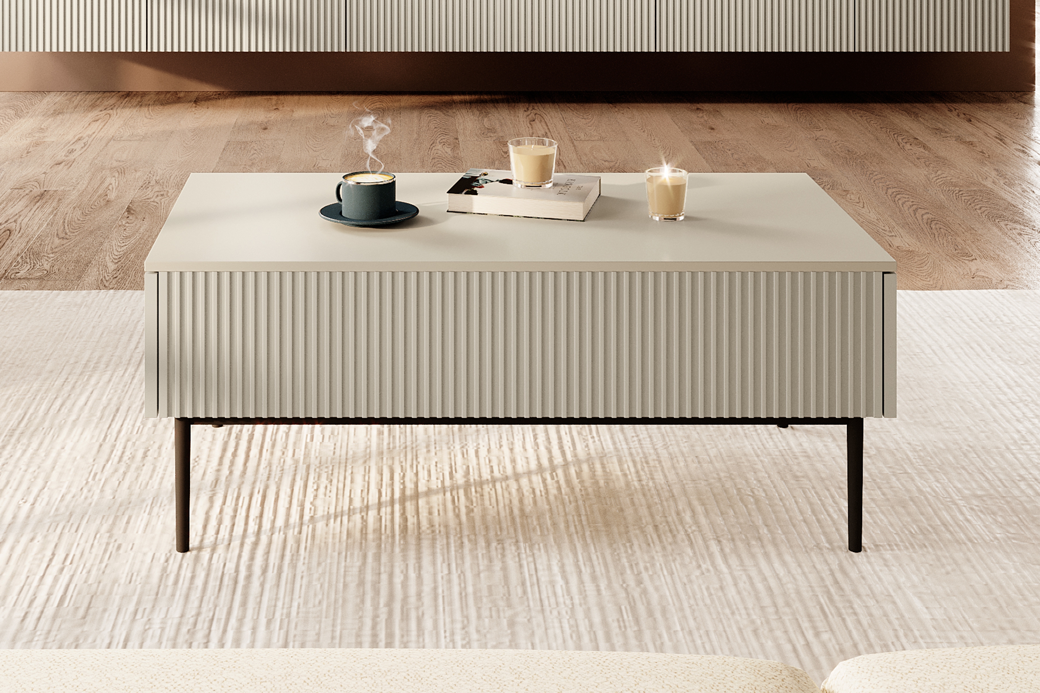 Konferenčný stolík Nicole 120 cm - kašmírové / čierne nohy Konferenčný stolík Nicole so zásuvkami i metalowymi nogami - kašmír / čierny nozki