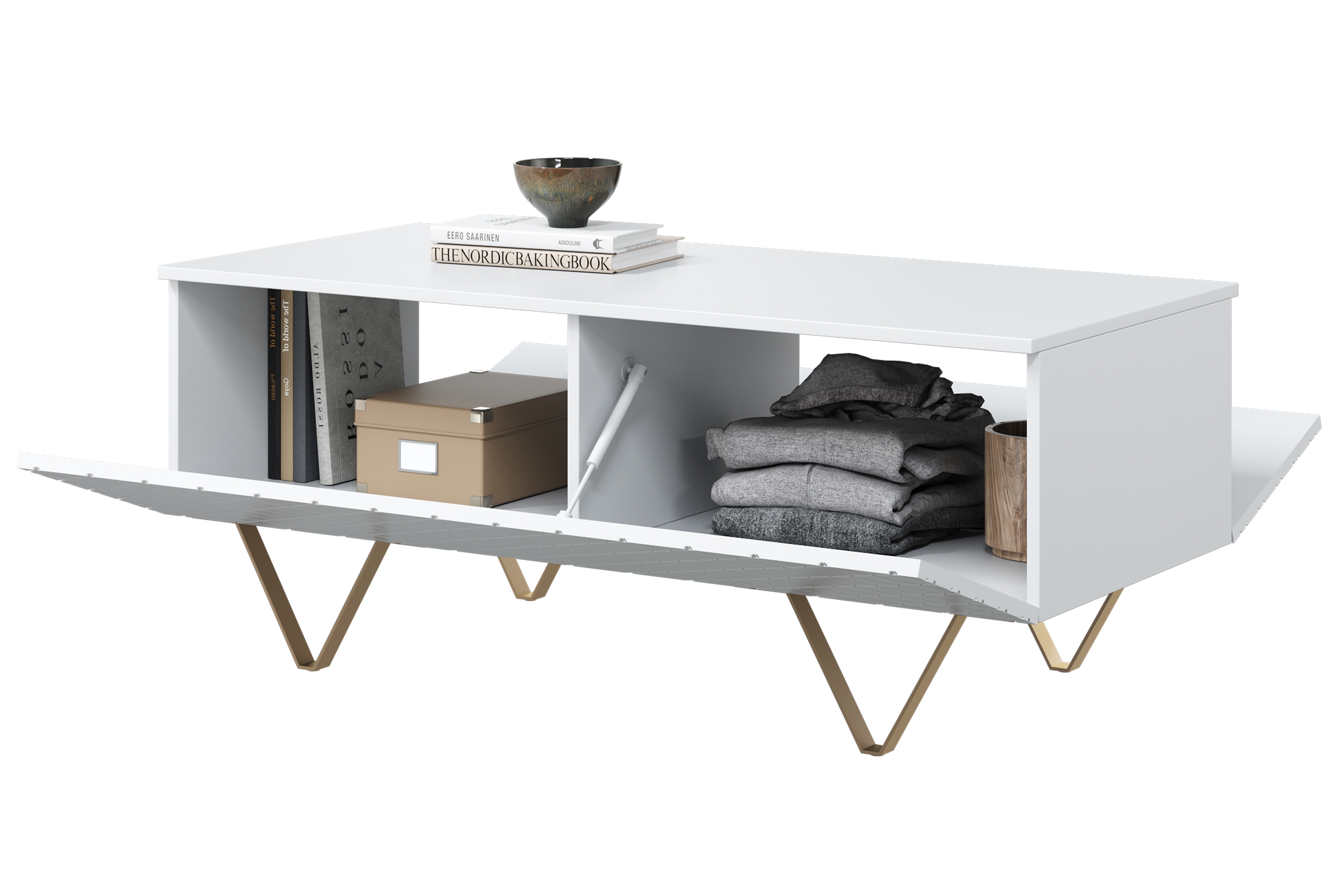 Konferenční stolek Scalia 120 2K s úložným prostorem - bílý mat / zlaté nohy stolek kawowy Scalia 120 2K s úložným prostorem - bílý mat / zlaté Nohy