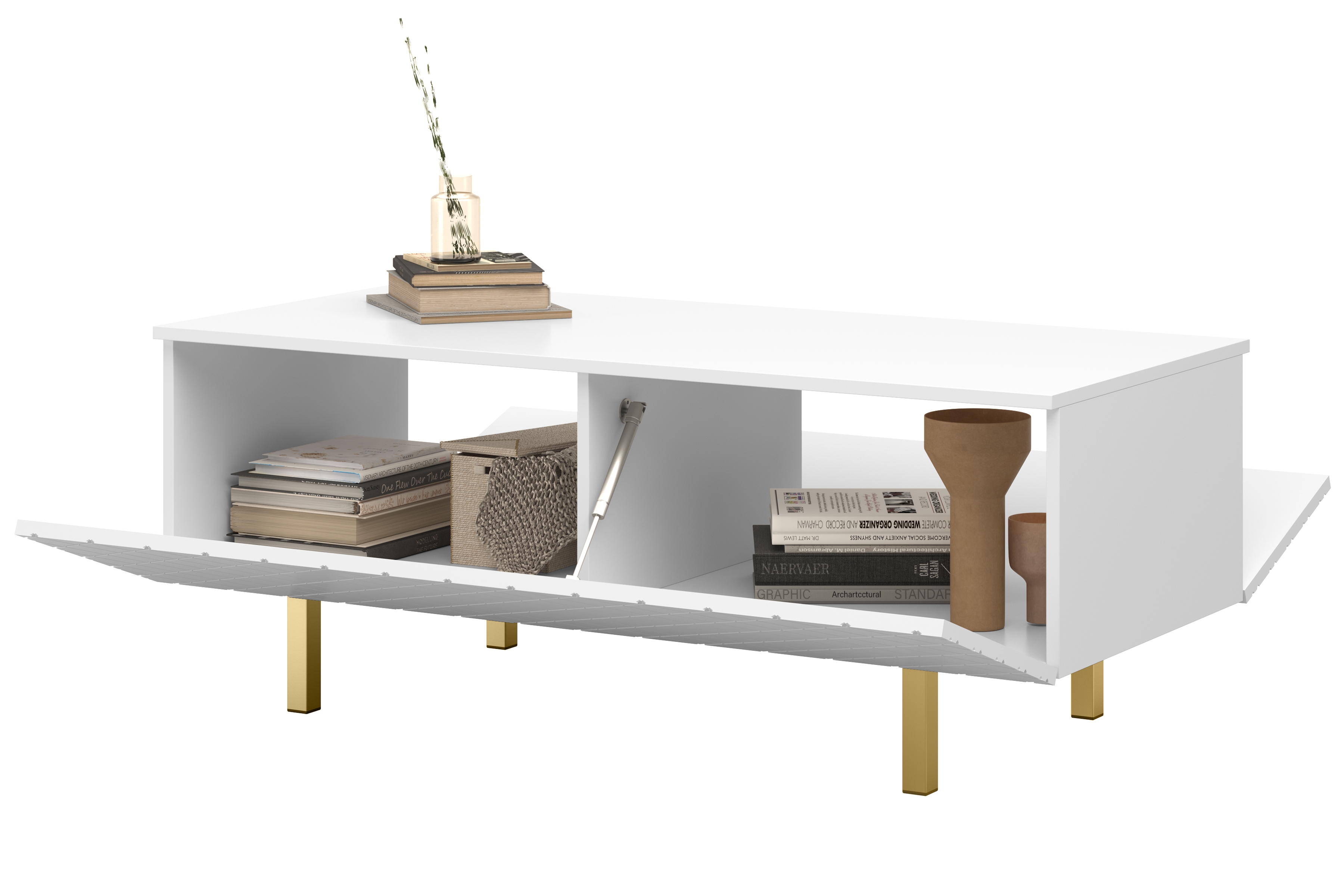 Konferenčný stolík Scalia II 120 2K s úložným priestorom - biely mat / zlaté nožičky - Limitovaná ponuka Konferenčný stolík Scalia II 120 2K s úložným priestorom - biely mat / zlote nožičky