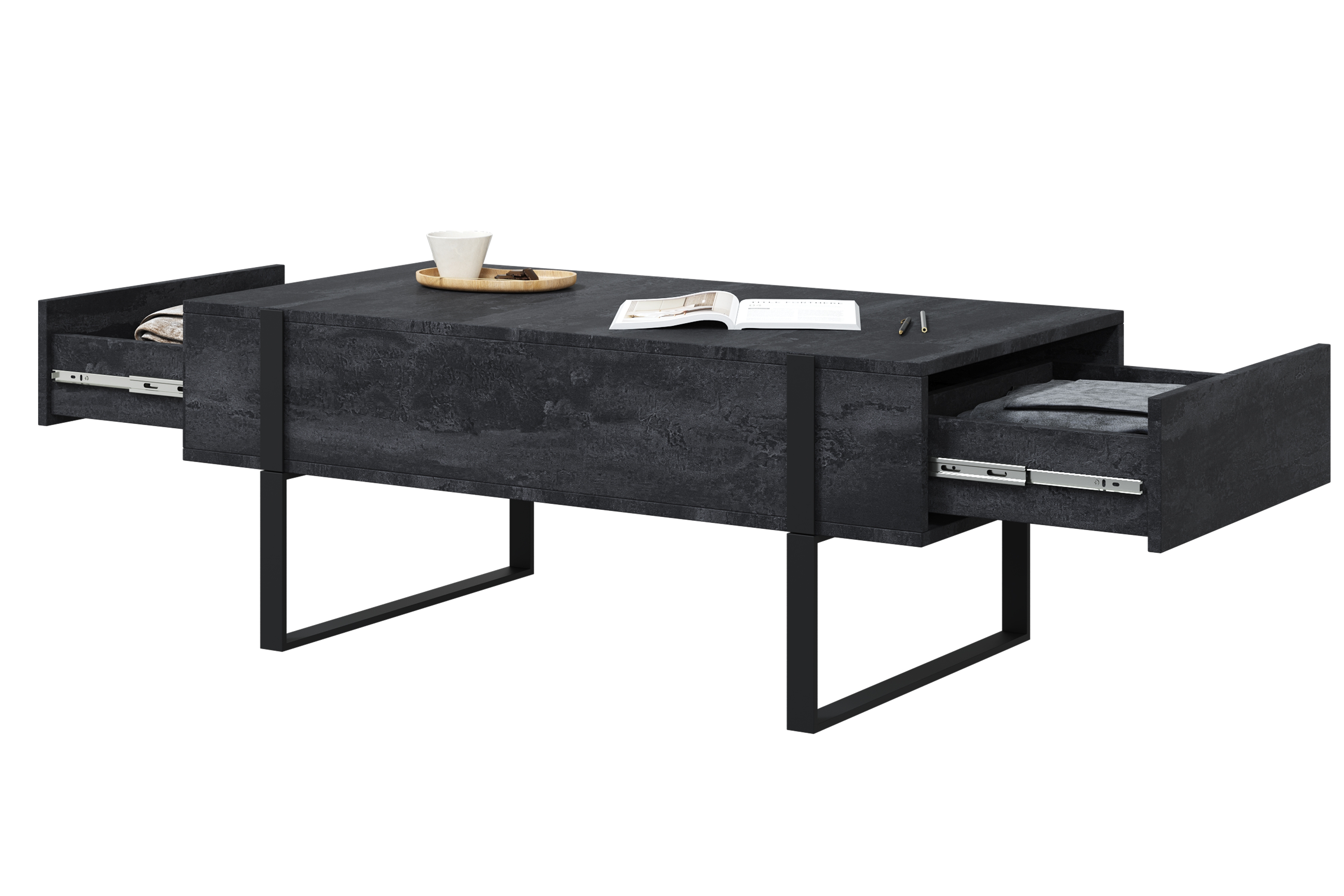Konferenčný stolík Verica 120 cm so zásuvkami a kovovými nožičkami - čierny betón / čierne nožičky Konferenčný stolík Verica so zásuvkami i metalowymi nogami 120 cm - Čierny beton / čierny nozki