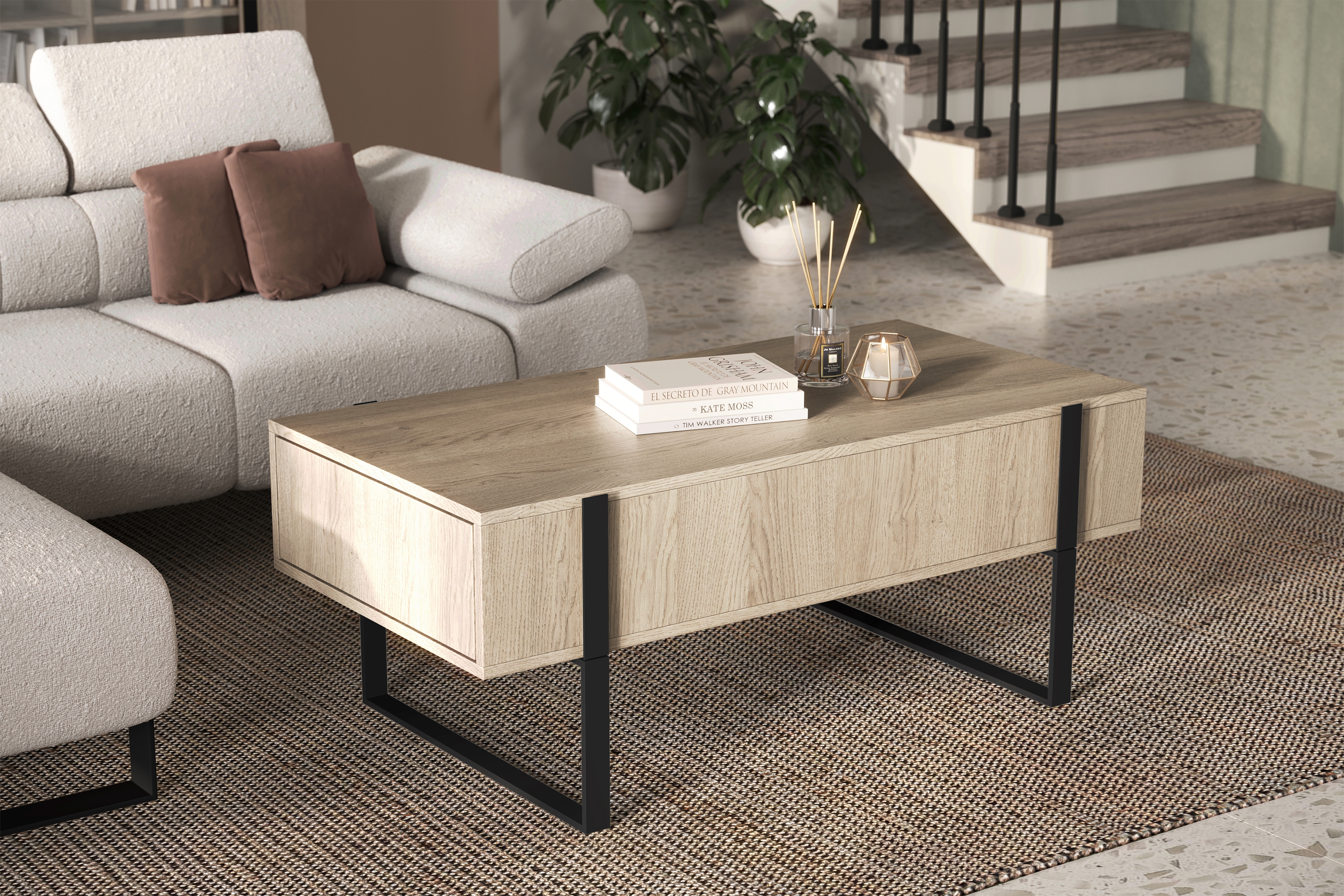 Konferenčný stolík Verica so zásuvkami 120 cm - dub piškótový / čierne nožičky Konferenčný stolík Verica so zásuvkami i metalowymi nogami 120 cm - Dub biszkoptowy / čierny nozki