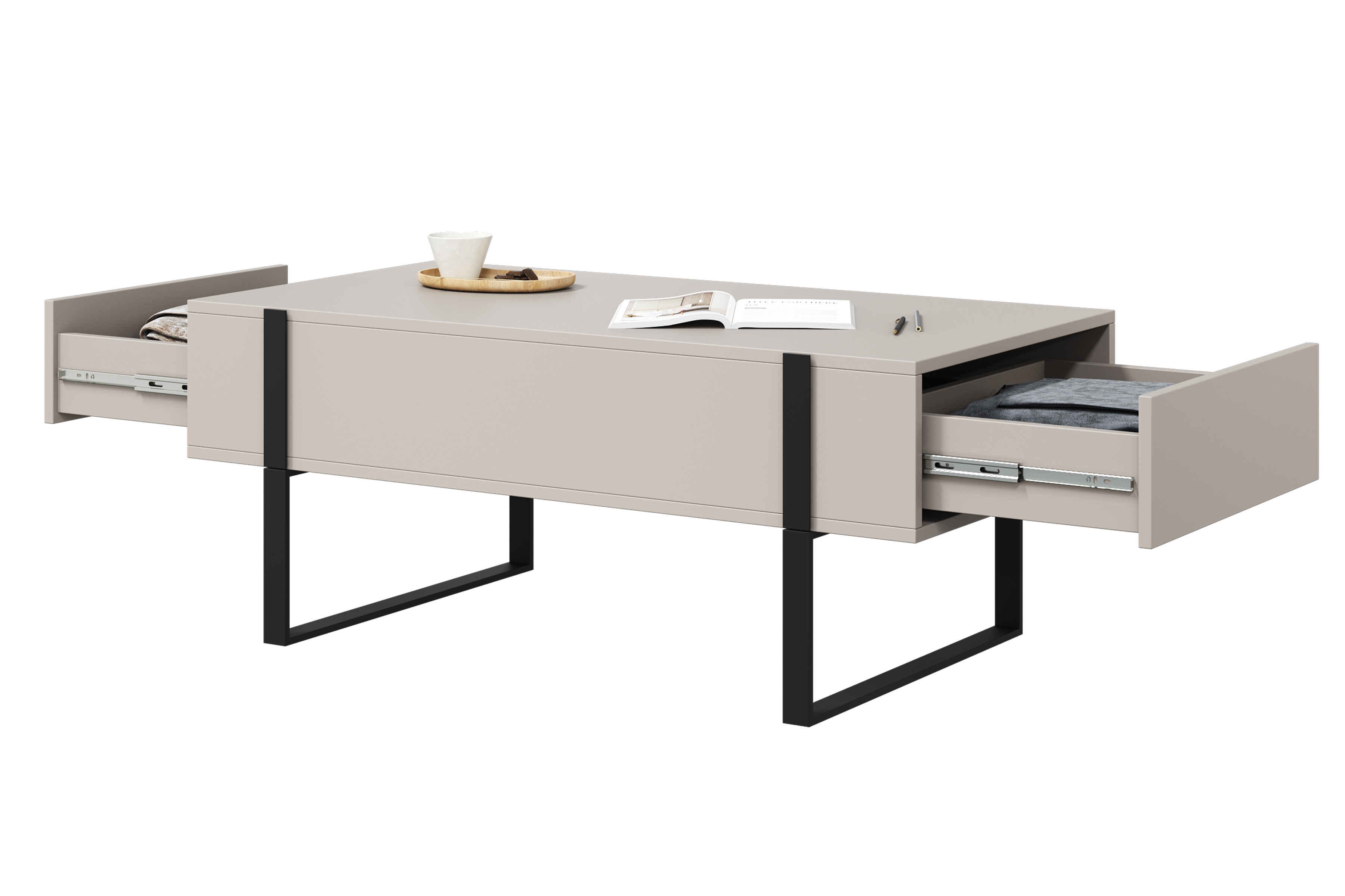 Konferenčný stolík Verica 120 cm so zásuvkami a kovovými nožičkami - kašmír / čierne nožičky - Limitovaná ponuka Konferenčný stolík Verica so zásuvkami i metalowymi nogami 120 cm - kašmír / čierny nozki