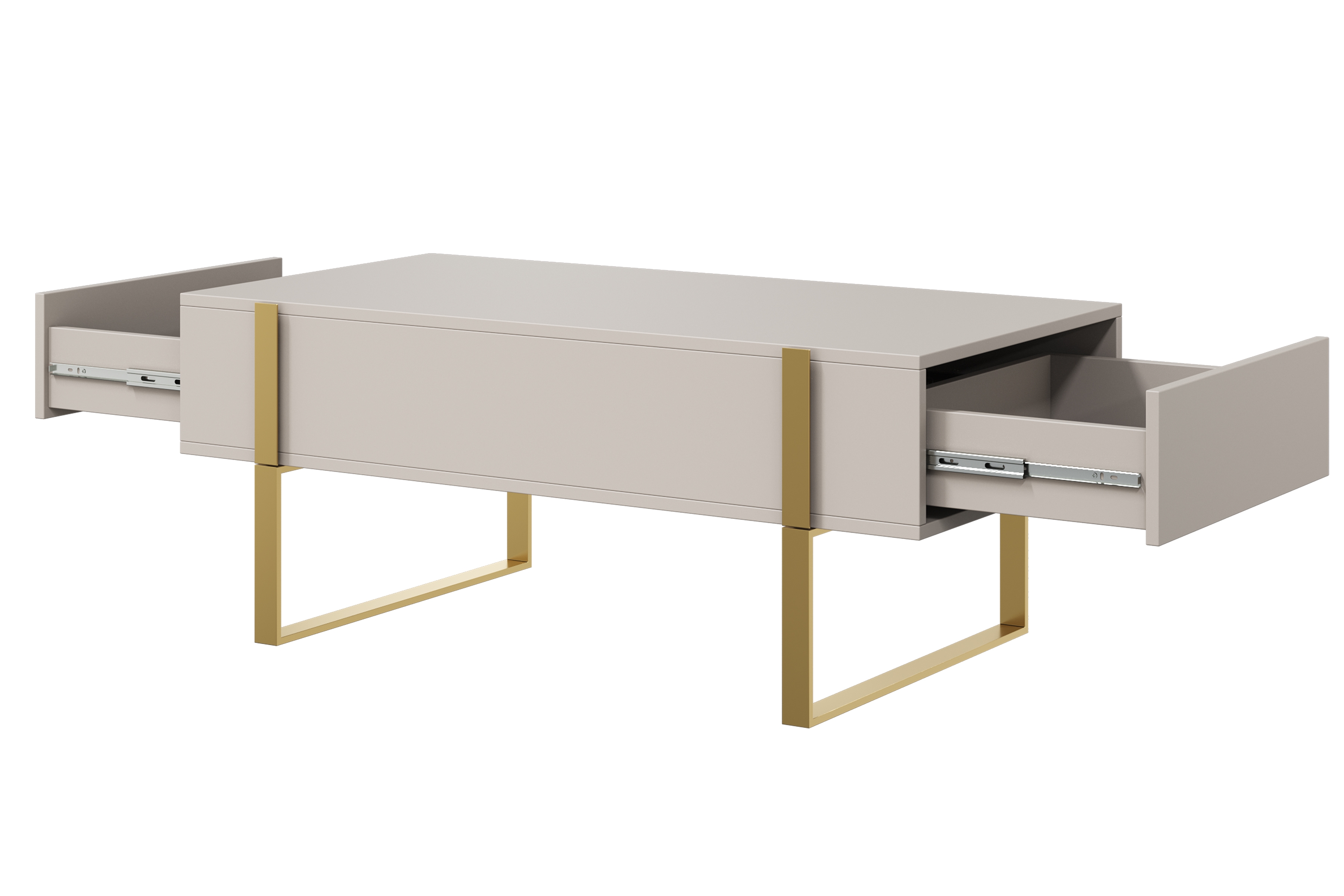 Konferenčný stolík Verica 120 cm so zásuvkami a kovovými nožičkami - kašmír / zlaté nožičky - Limitovaná ponuka Konferenčný stolík Verica so zásuvkami i metalowymi nogami 120 cm - kašmír / zlote nozki