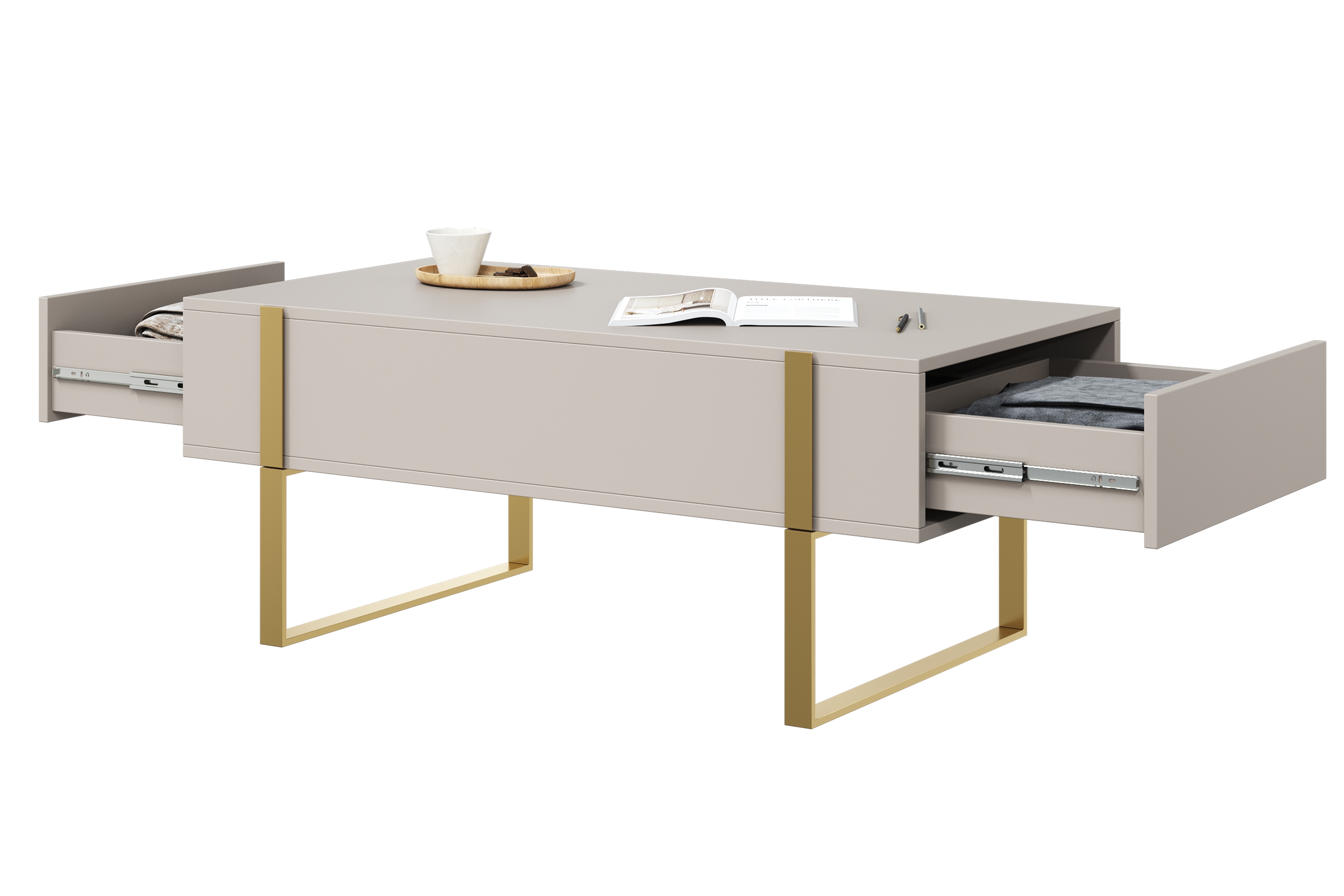Konferenčný stolík Verica 120 cm so zásuvkami a kovovými nožičkami - kašmír / zlaté nožičky - Limitovaná ponuka Konferenčný stolík Verica so zásuvkami i metalowymi nogami 120 cm - kašmír / zlote nozki