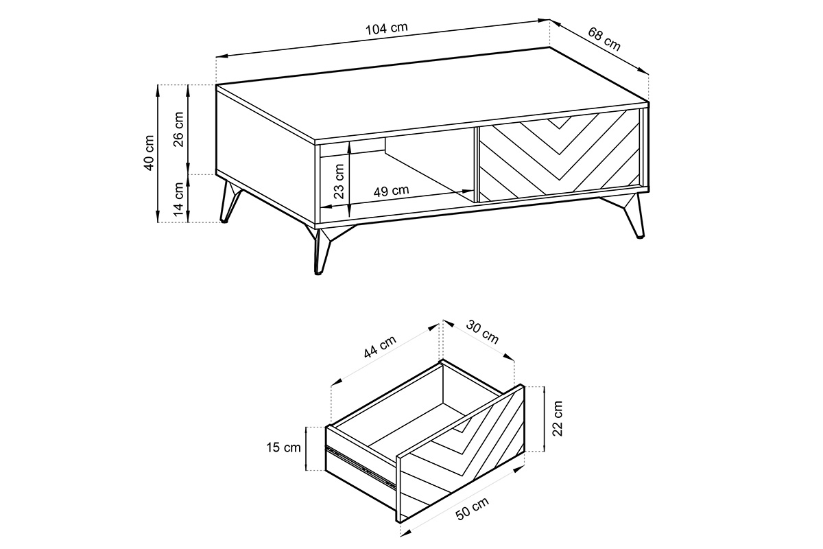 Konferenčný stolík Sewana - dub evoke / čierna - 104x68 cm Konferenčný stolík so zásuvkou Sewana - Dub evoke / Čierny - Rozmery