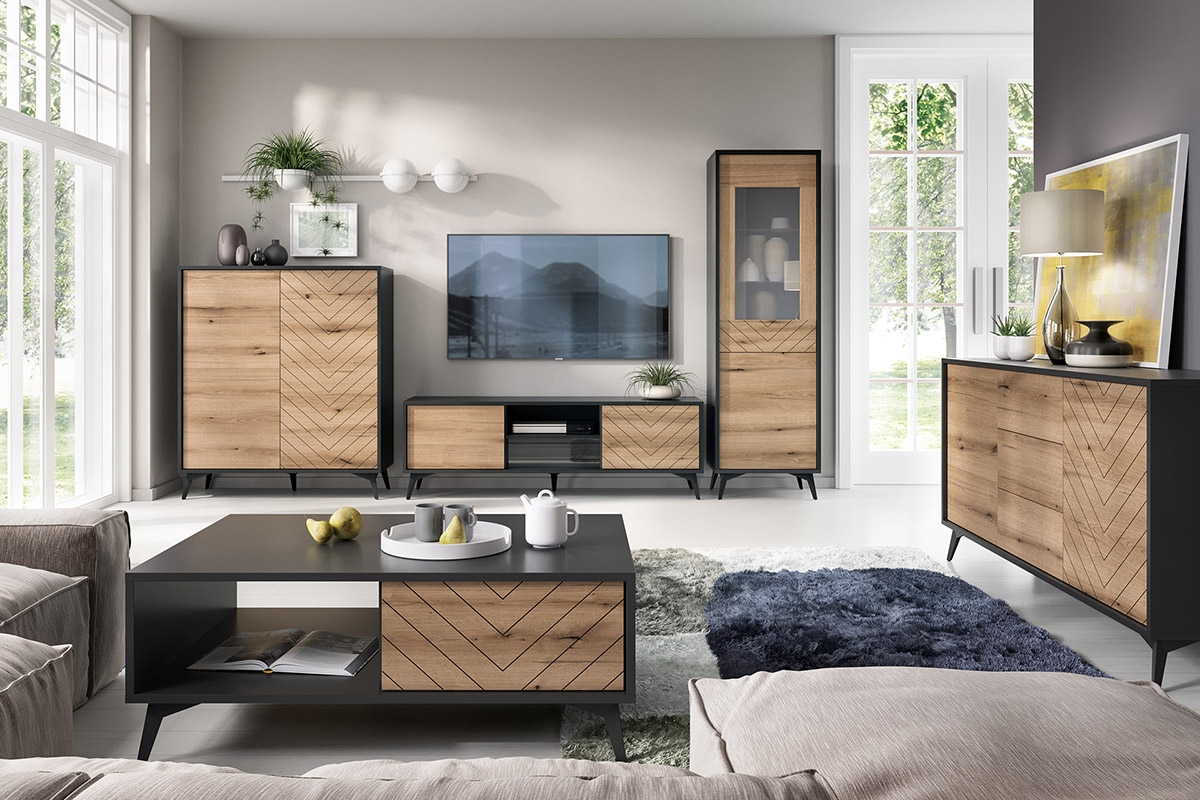 Konferenčný stolík Sewana - dub evoke / čierna - 104x68 cm Nábytok s frézovaním v tvare rybej kosti