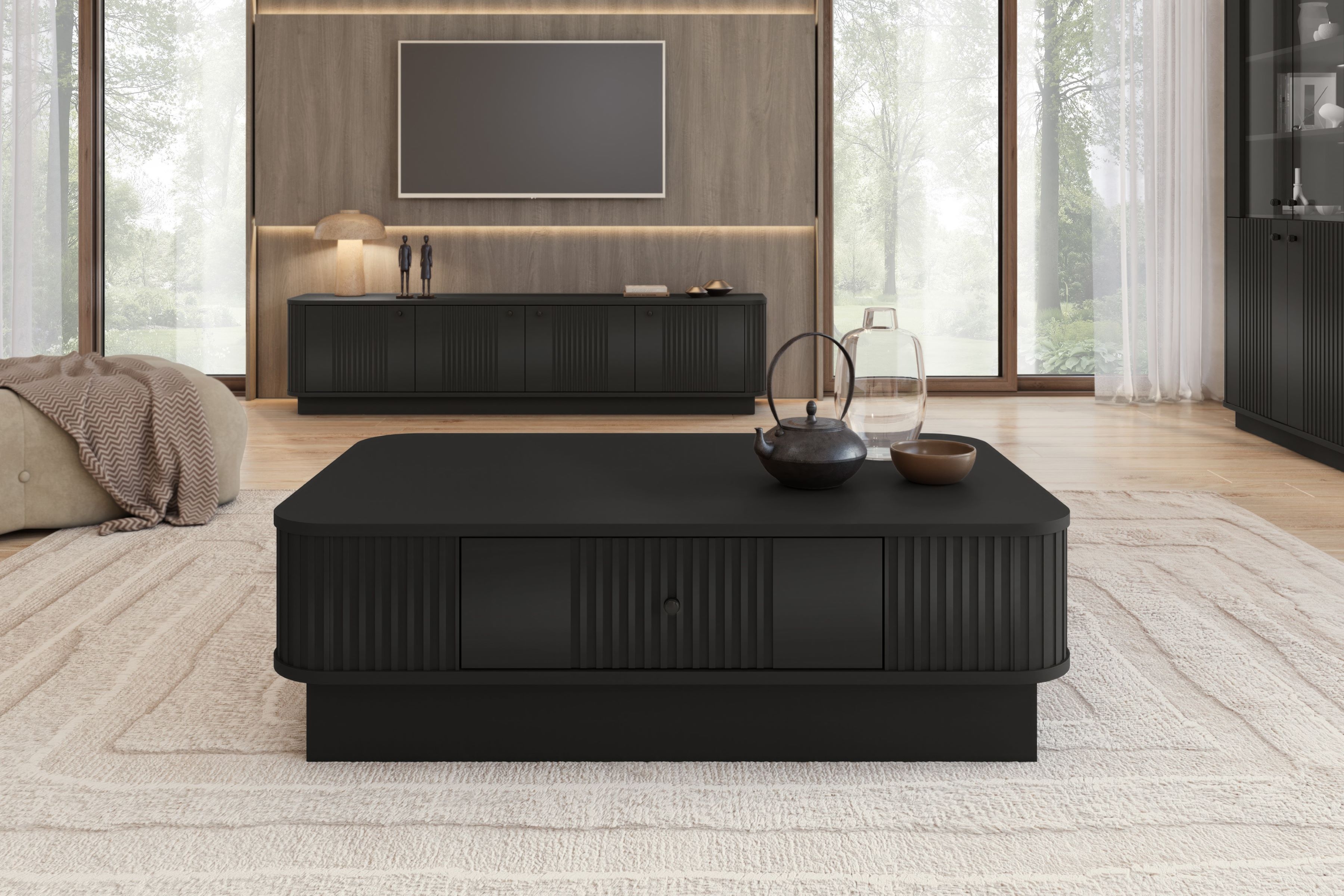 Konferenčný stolík Vespera 103x60 cm na sokli - čierna Stolík kawowy z szuflada Vesper 103x60 cm - Čierny / Čierny Úchytka