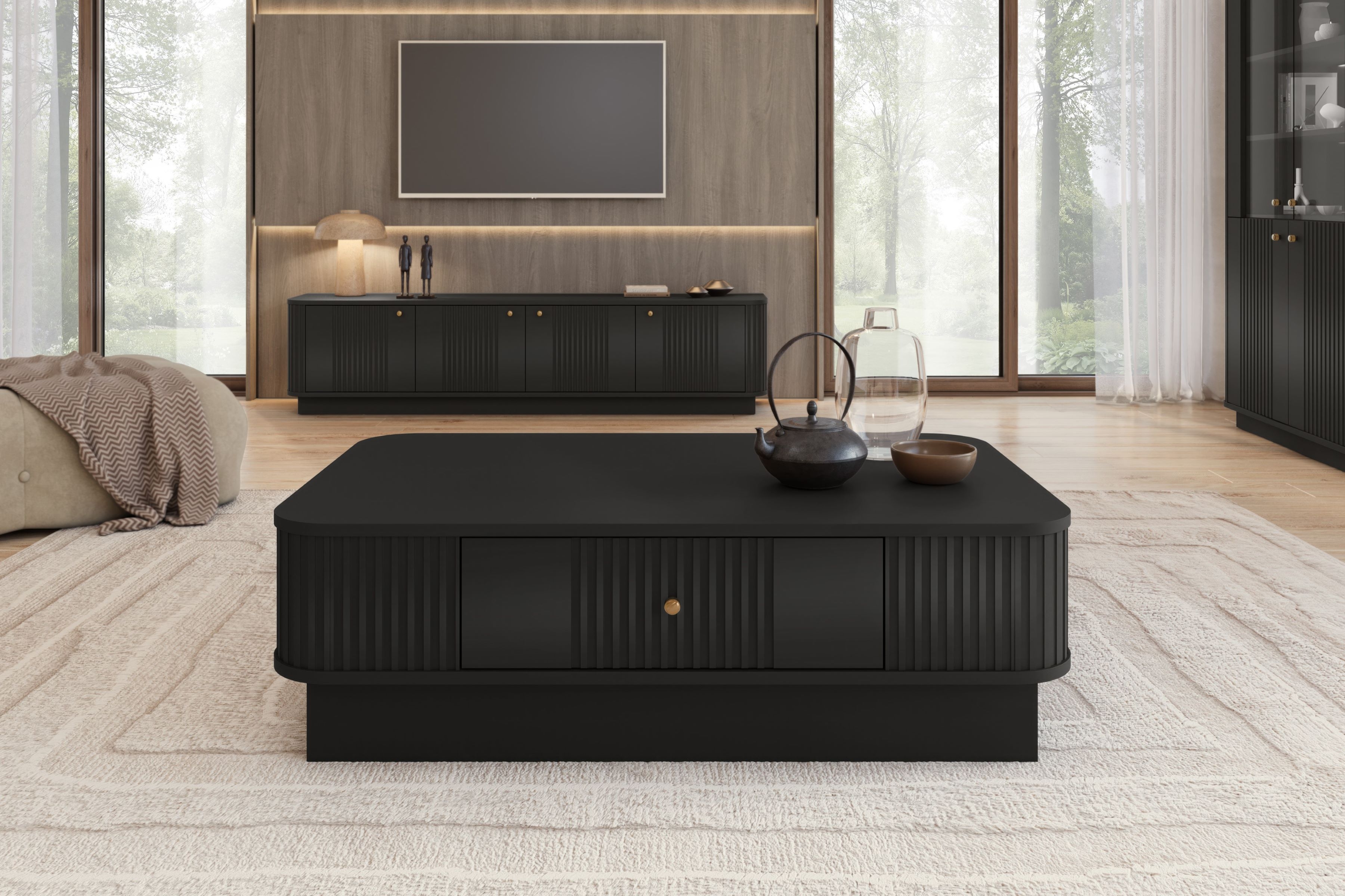 Konferenčný stolík Vespera 103x60 cm na sokli - čierna / zlatá Stolík kawowy z szuflada Vesper 103x60 cm - Čierny / zlaté Úchytka