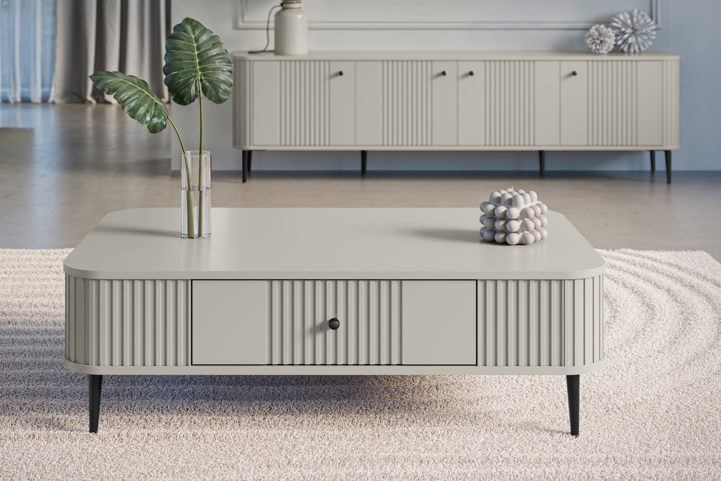 Konferenčný stolík Vespera 103x60 cm - kašmírová / čierne nožičky Stolík kawowy z szuflada Vesper 103x60 cm - kašmír / čierny nožičky