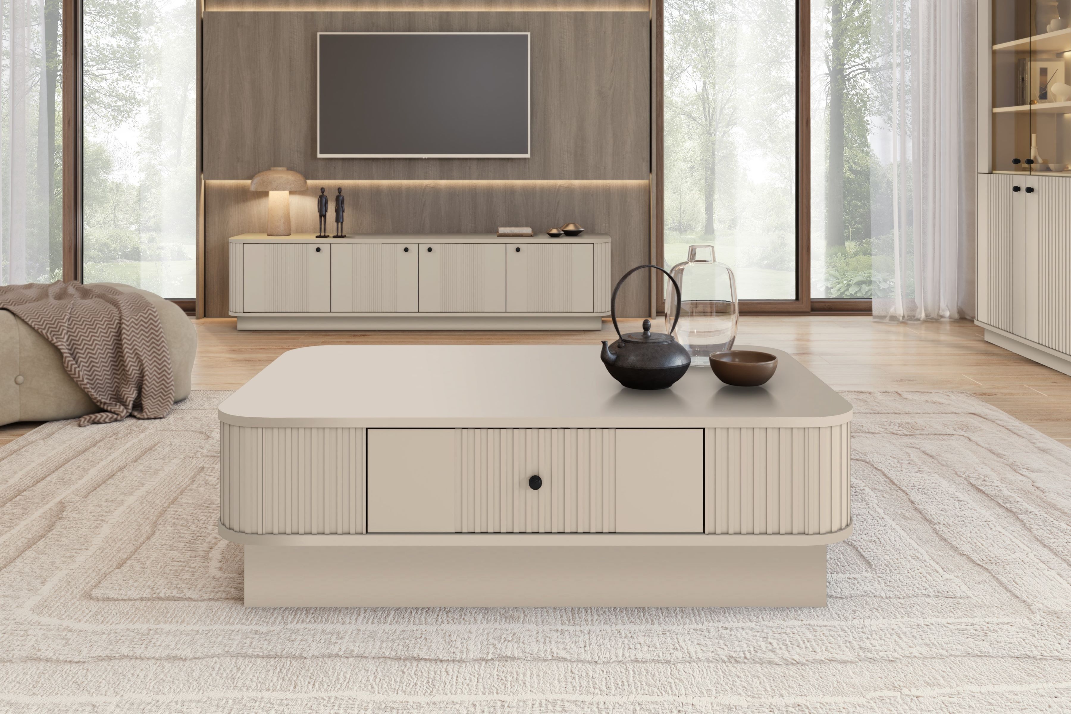 Konferenčný stolík Vespera 103x60 cm na sokli - kašmírová / čierna Stolík kawowy z szuflada Vesper 103x60 cm - kašmír / Čierny Úchytka