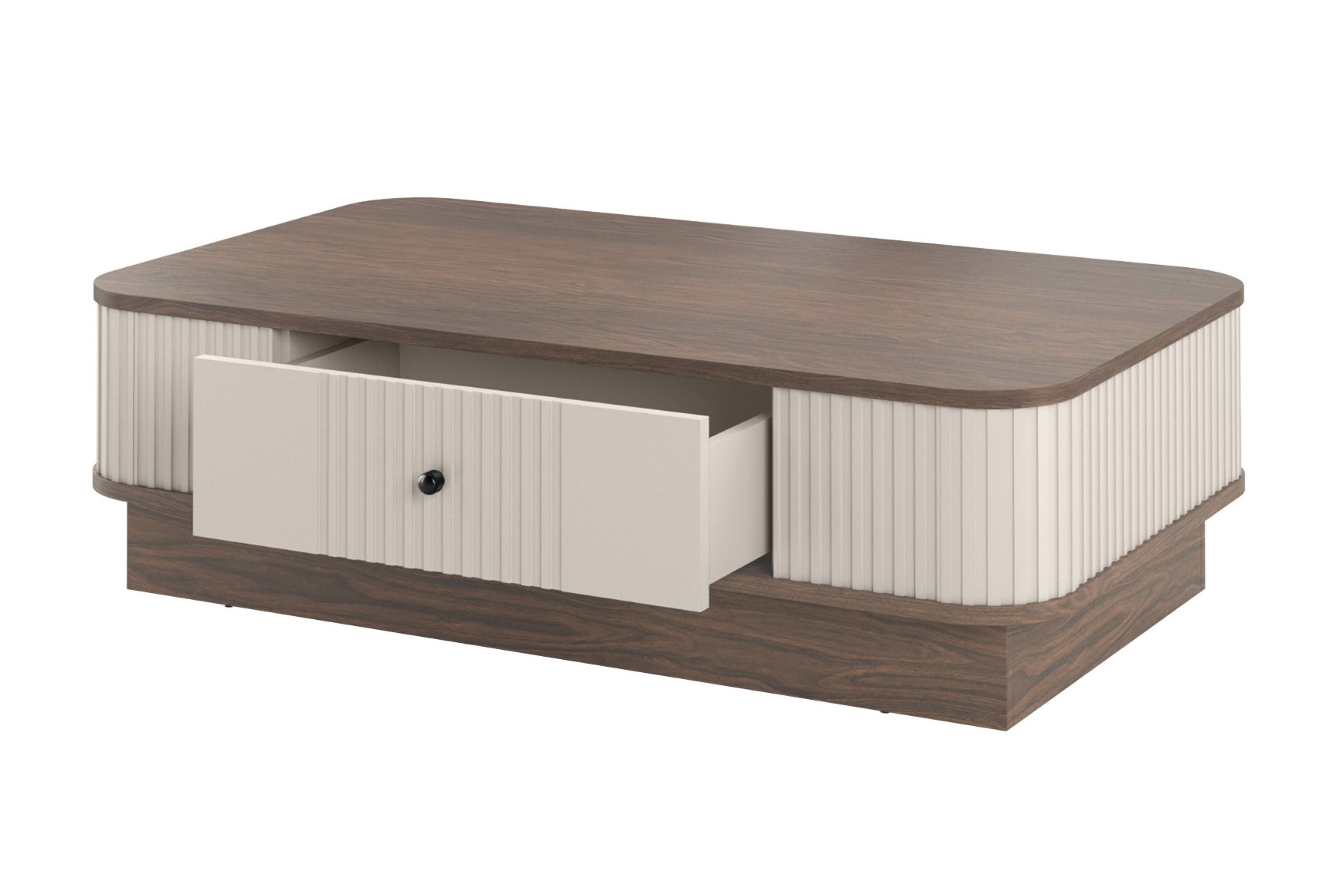 Konferenčný stolík Vespera 103x60 cm na sokli - kašmírová / orech / čierna Stolík kawowy z szuflada Vesper 103x60 cm - kašmír / orech / čierny Úchytka
