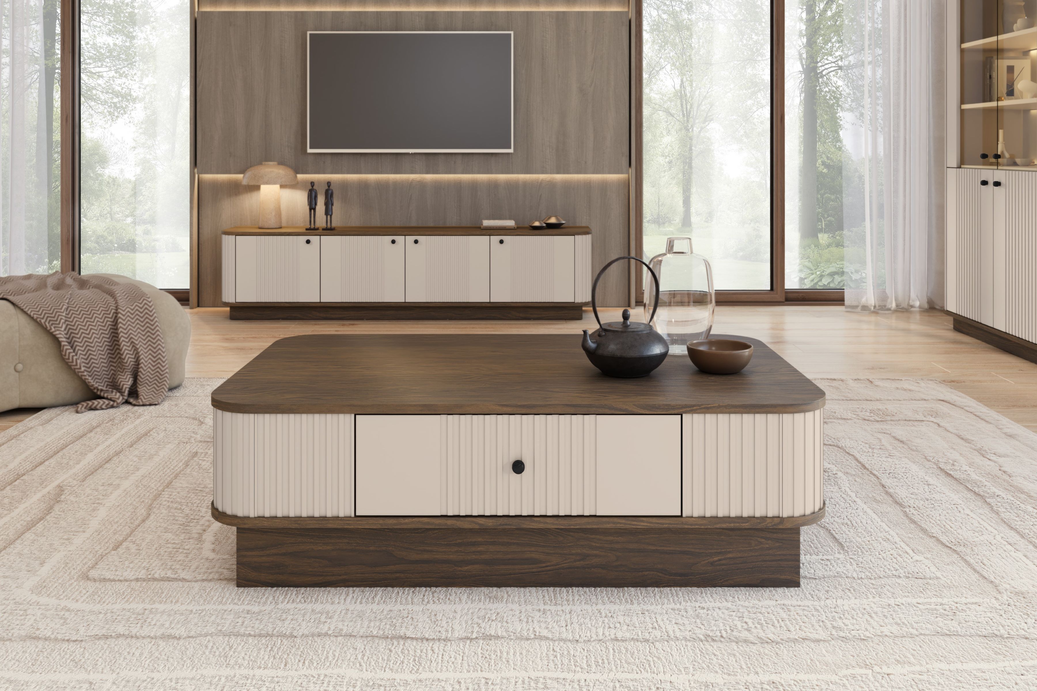 Konferenčný stolík Vespera 103x60 cm na sokli - kašmírová / orech / čierna Stolík kawowy z szuflada Vesper 103x60 cm - kašmír / orech / čierny Úchytka