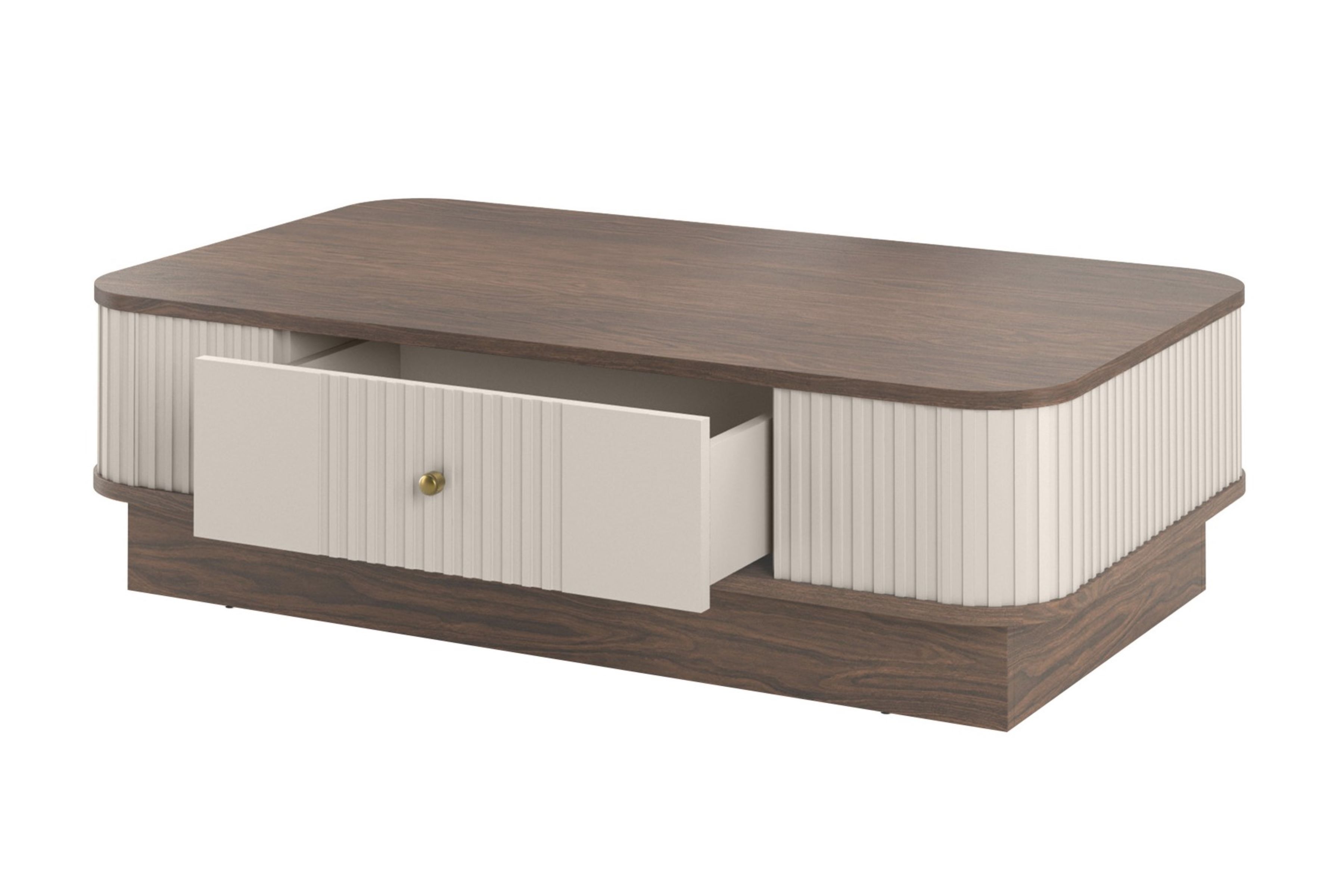 Konferenčný stolík Vespera 103x60 cm na sokli - kašmírová / orech / zlatá Stolík kawowy z szuflada Vesper 103x60 cm - kašmír / Orech / zlaté Úchytka