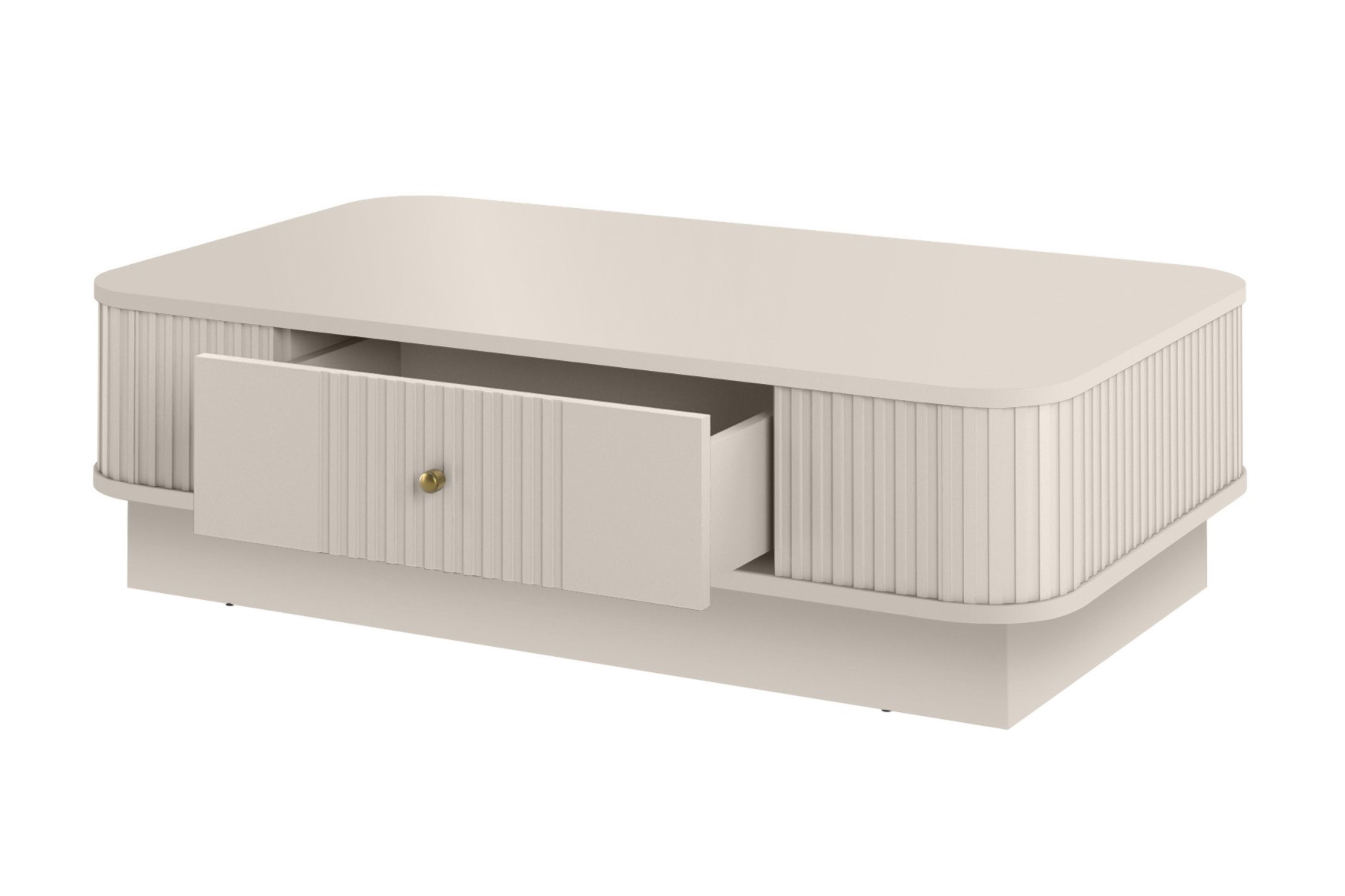 Konferenčný stolík Vespera 103x60 cm na sokli - kašmírová / zlatá Stolík kawowy z szuflada Vesper 103x60 cm - kašmír / zlaté Úchytka