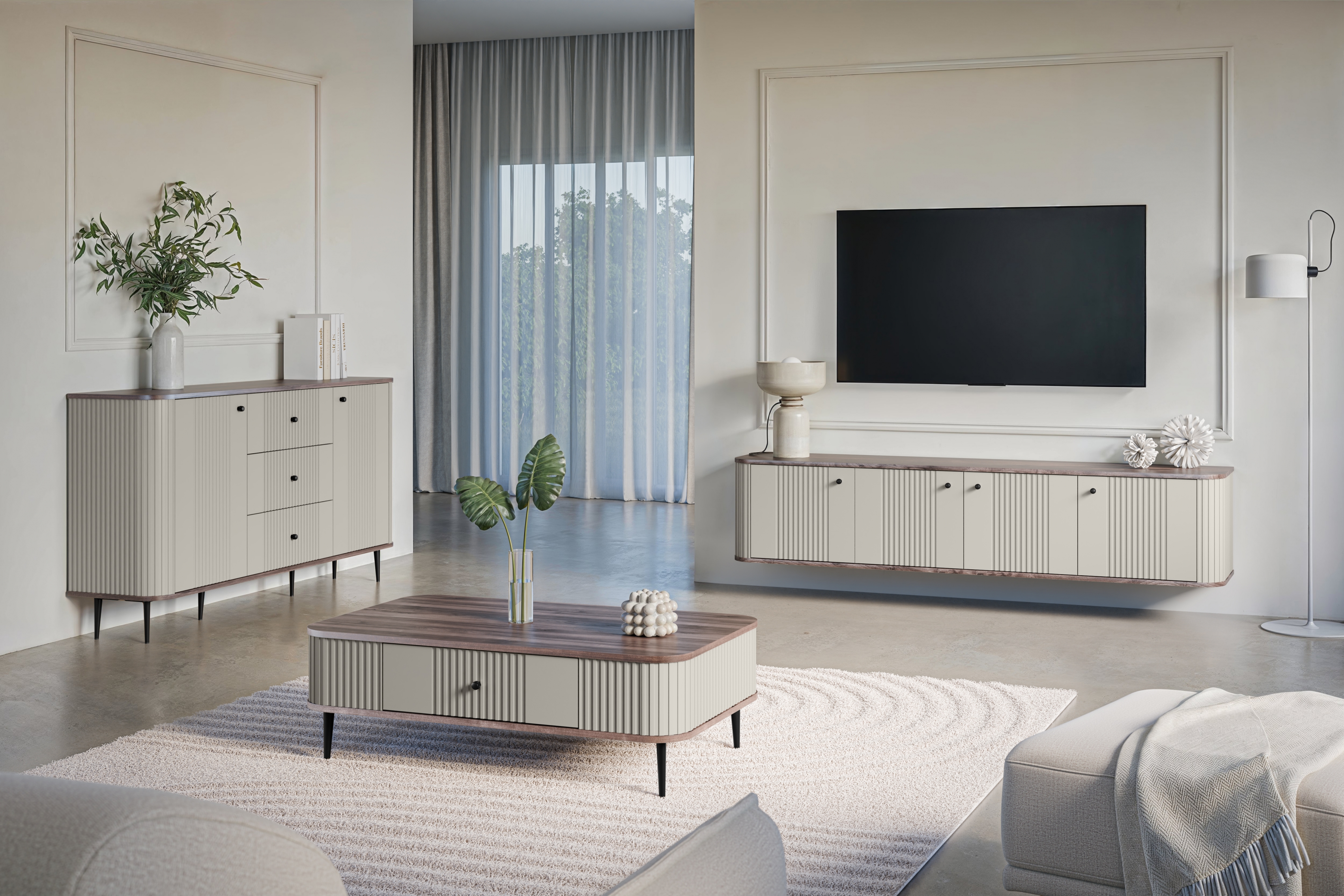 Konferenčný stolík Vespera 103x60 cm - kašmírová / orech / čierne nožičky Konferenčný stolík z szuflada Vespera 103x60 cm - kašmír / Orech / čierny nožičky